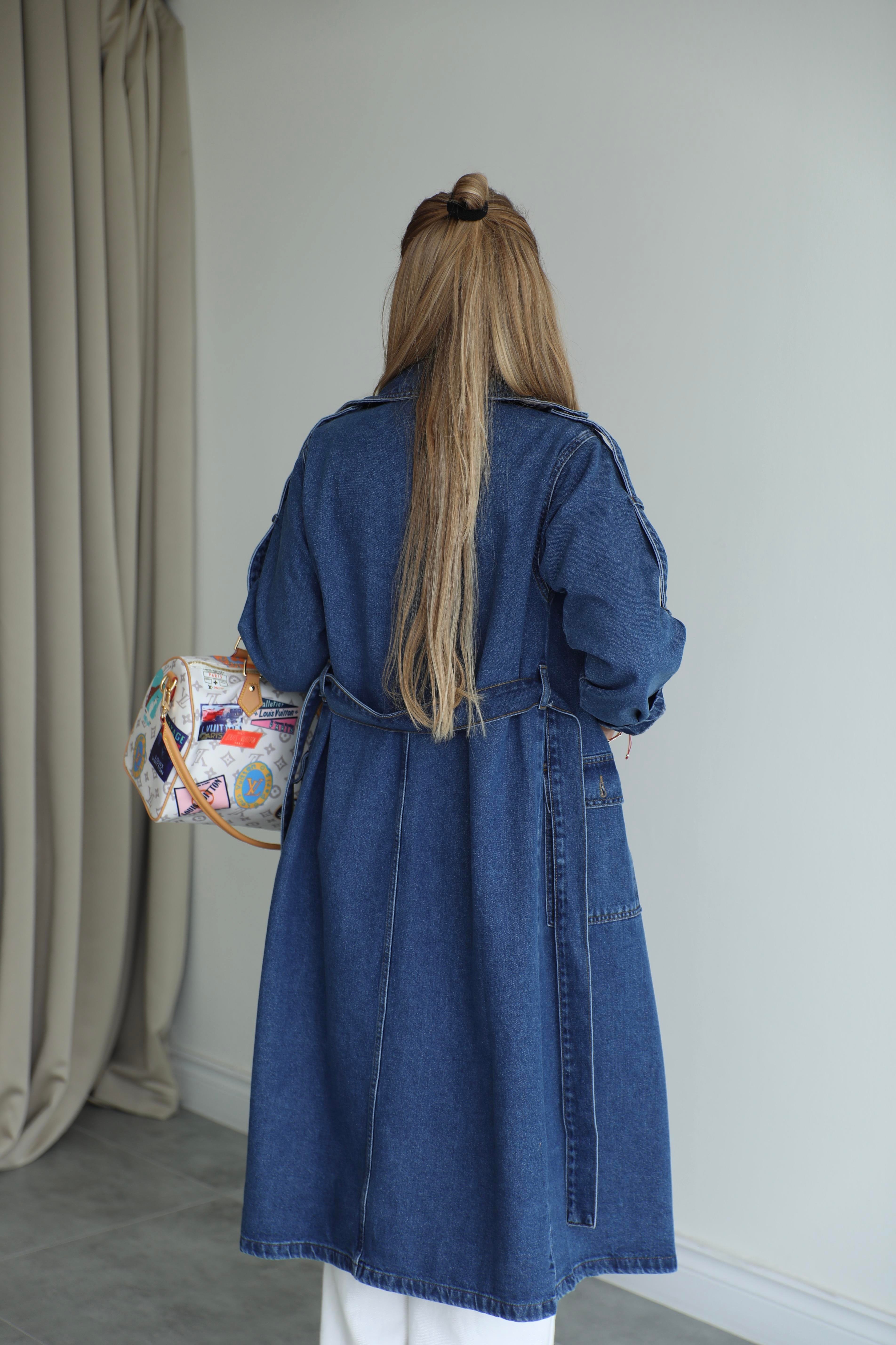 Lacivert Denim Kuşaklı Trençkot