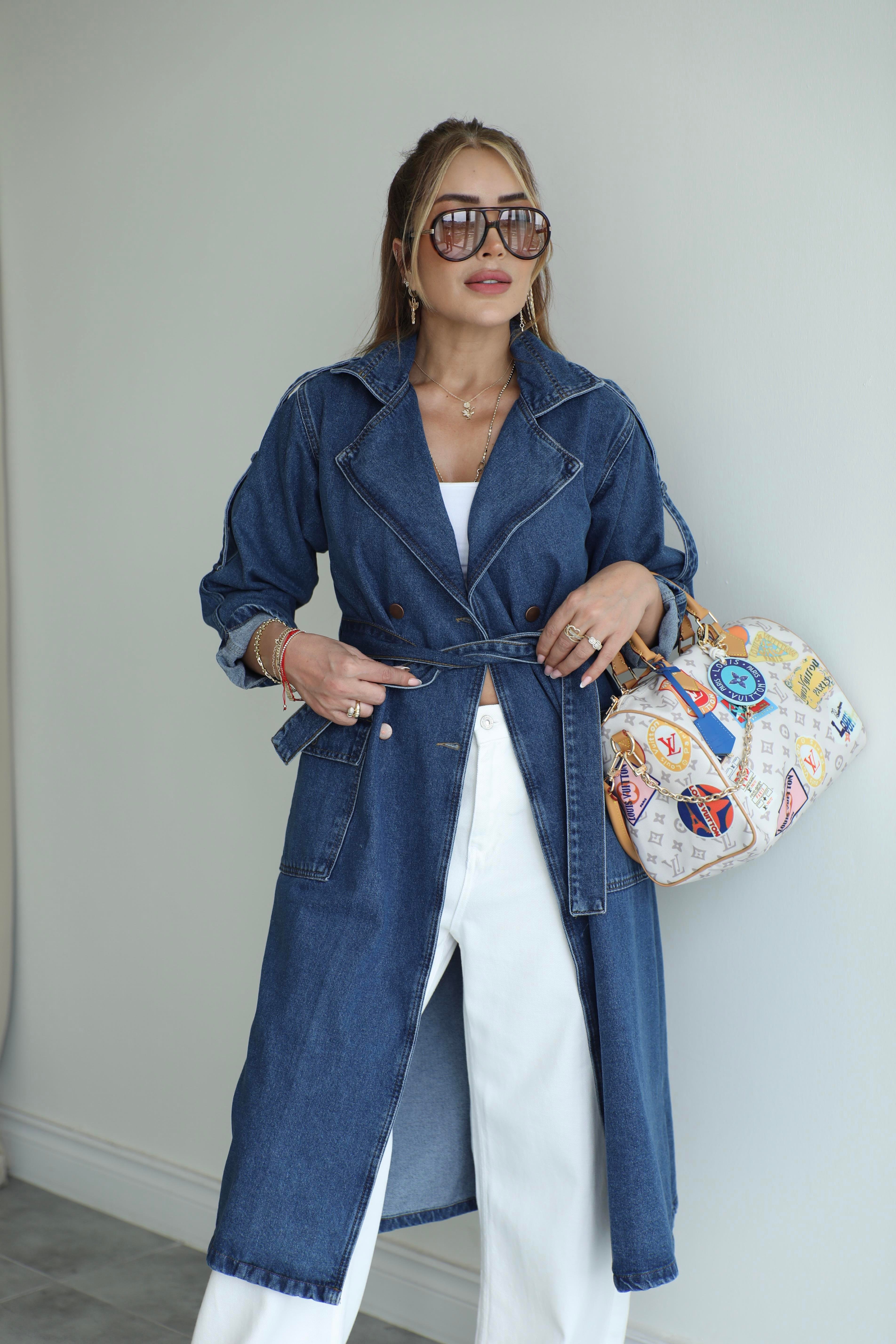 Lacivert Denim Kuşaklı Trençkot