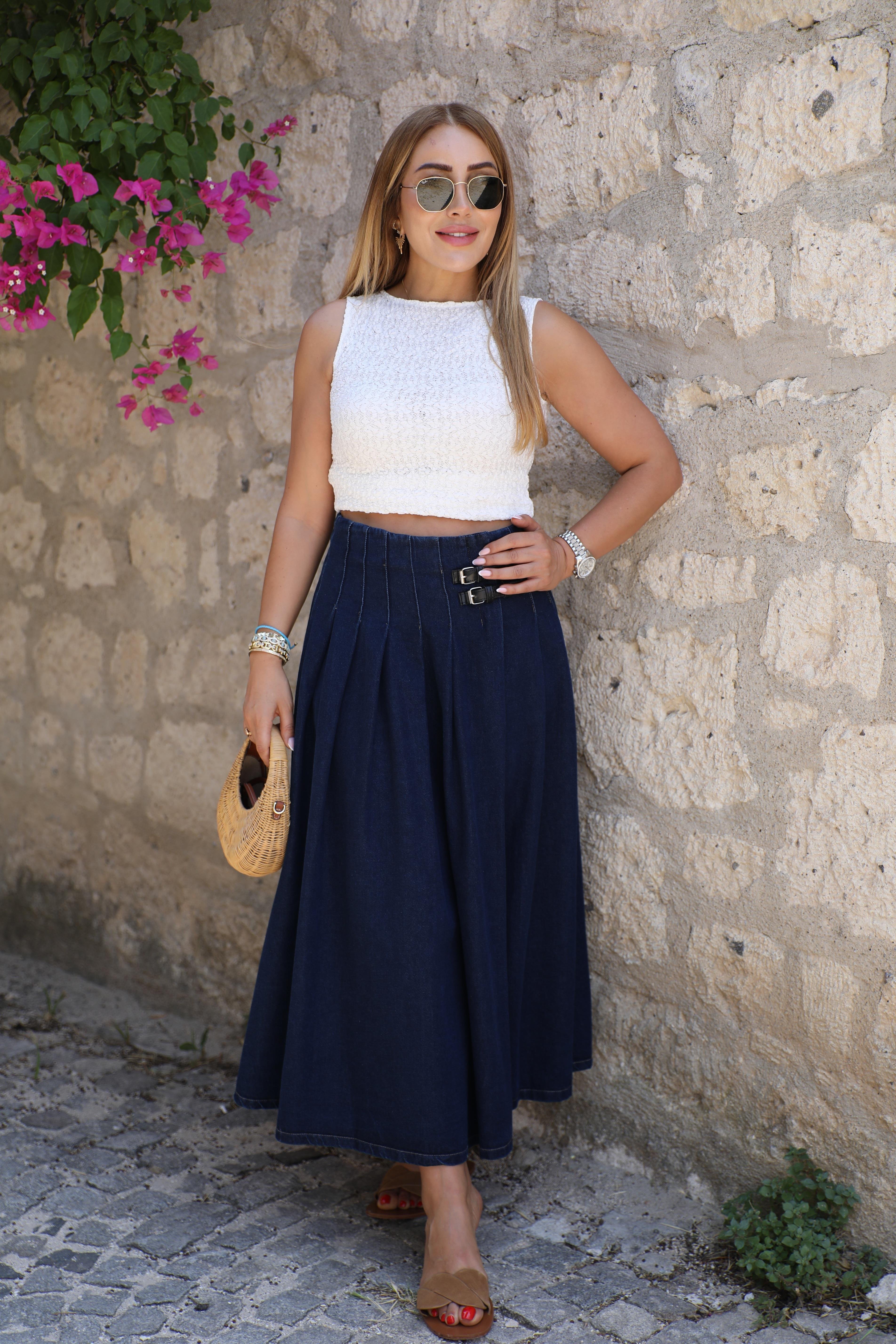 Lacivert Denim Yırtmaçlı Etek