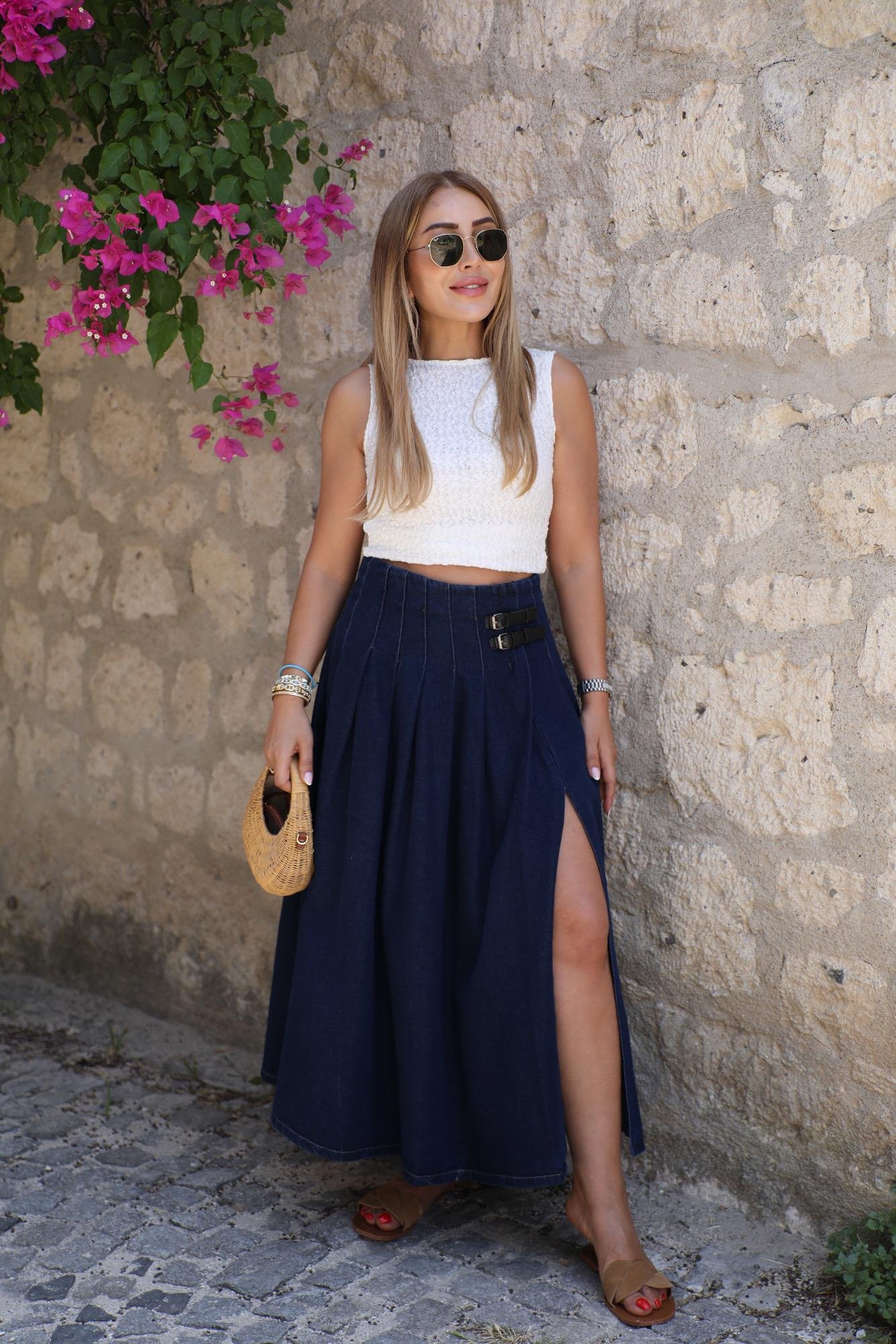 Lacivert Denim Yırtmaçlı Etek