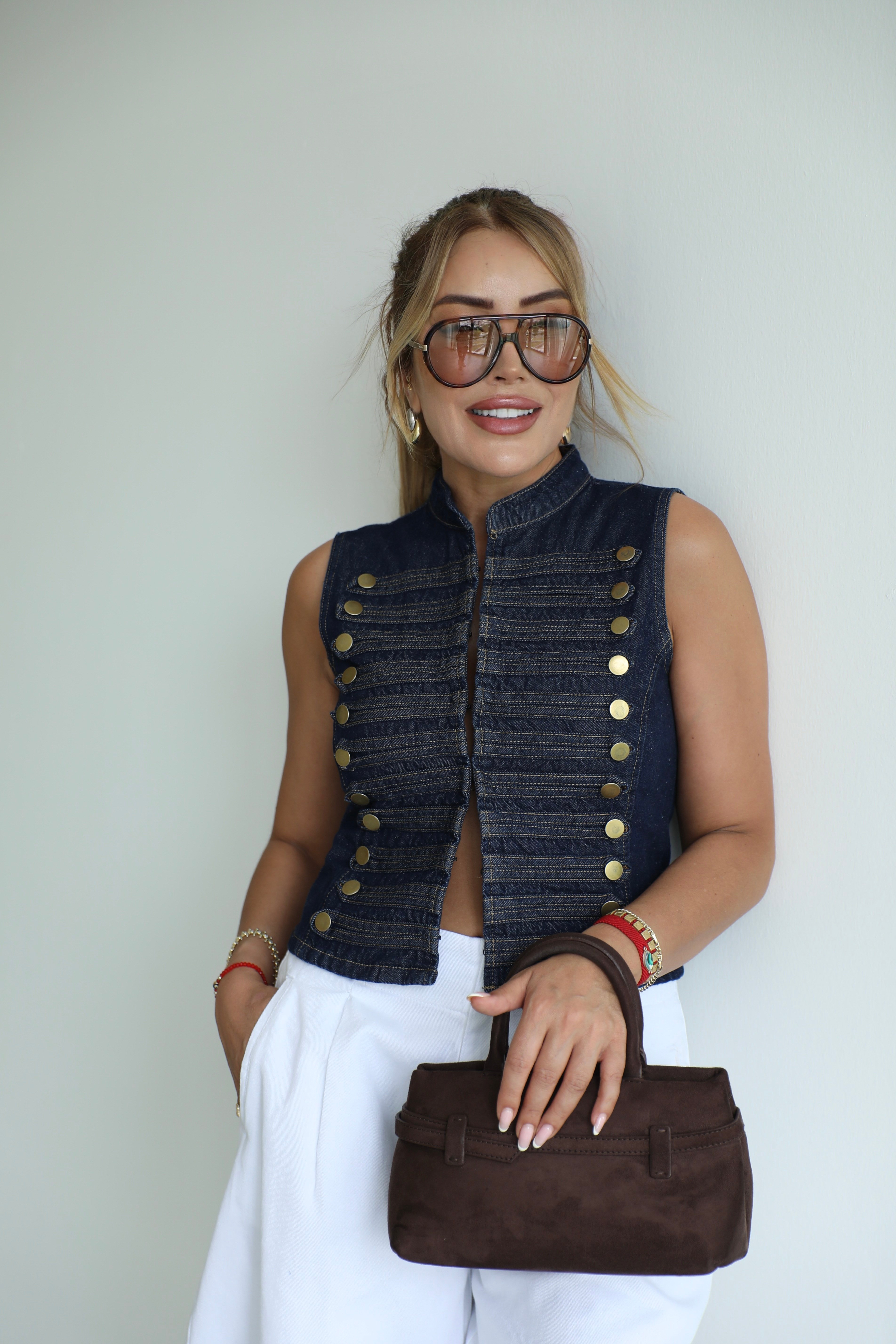Lacivert Düğme Detaylı Denim Yelek