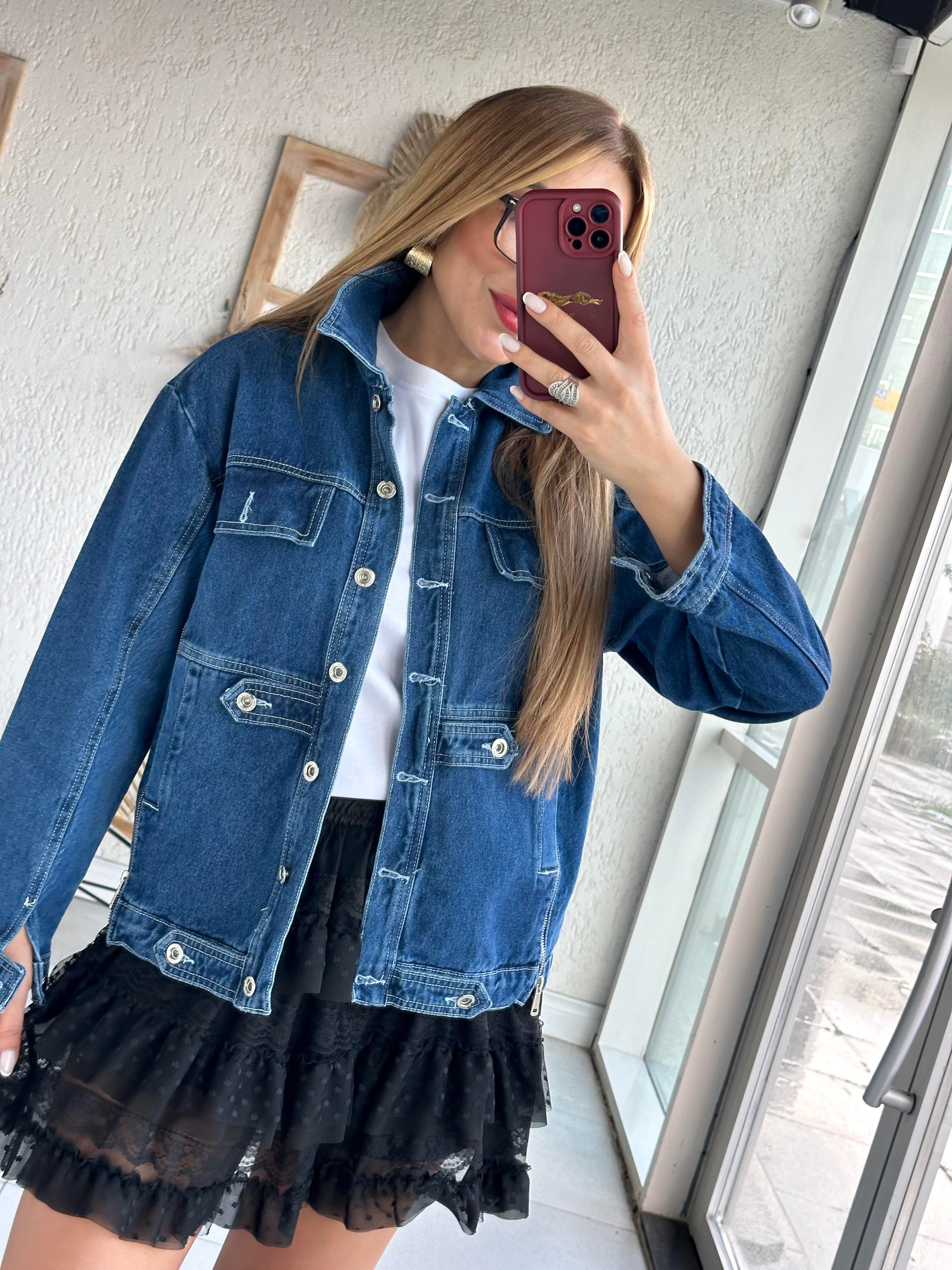 Lacivert Fermuar Detaylı Denim Ceket