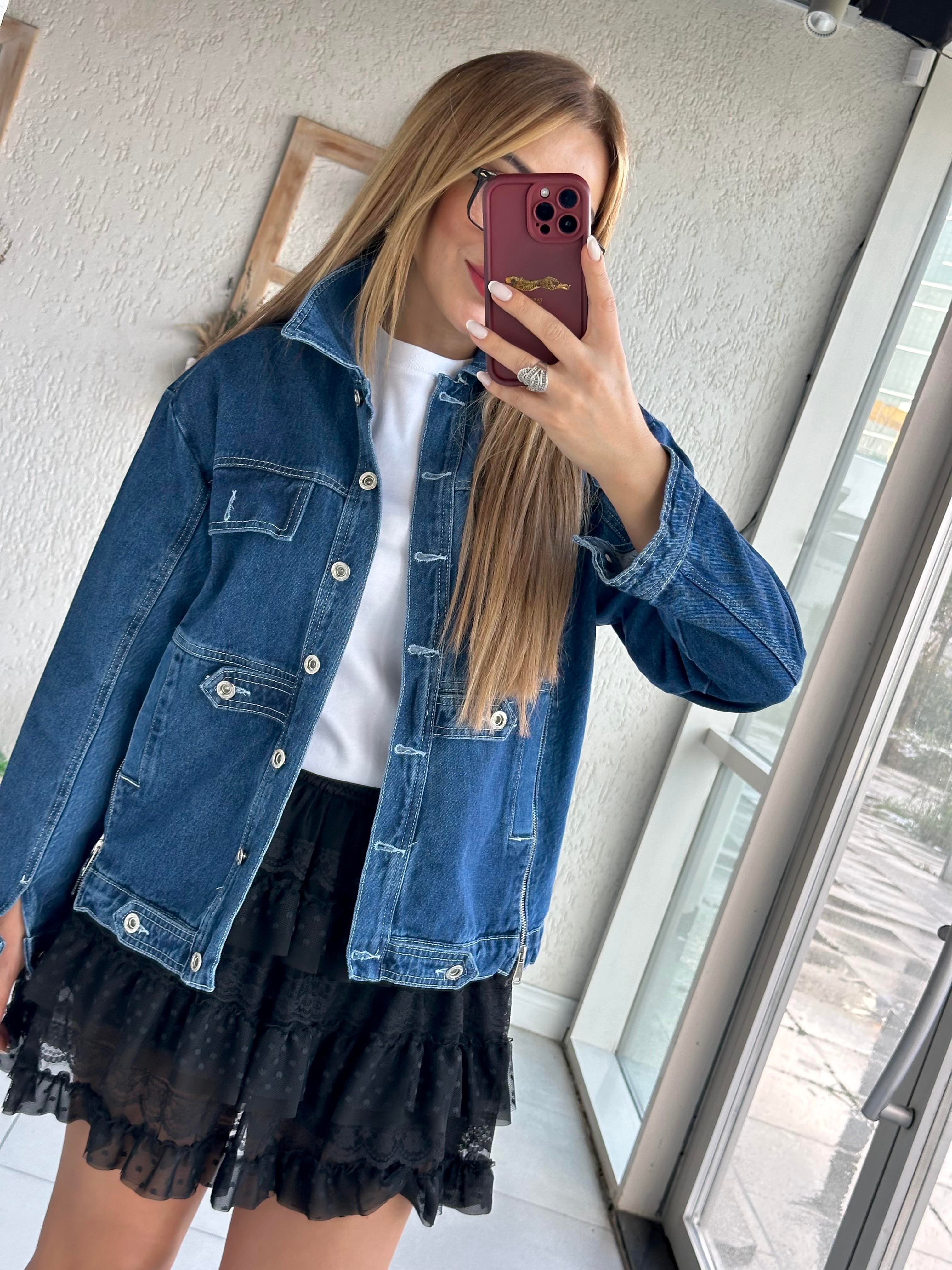 Lacivert Fermuar Detaylı Denim Ceket