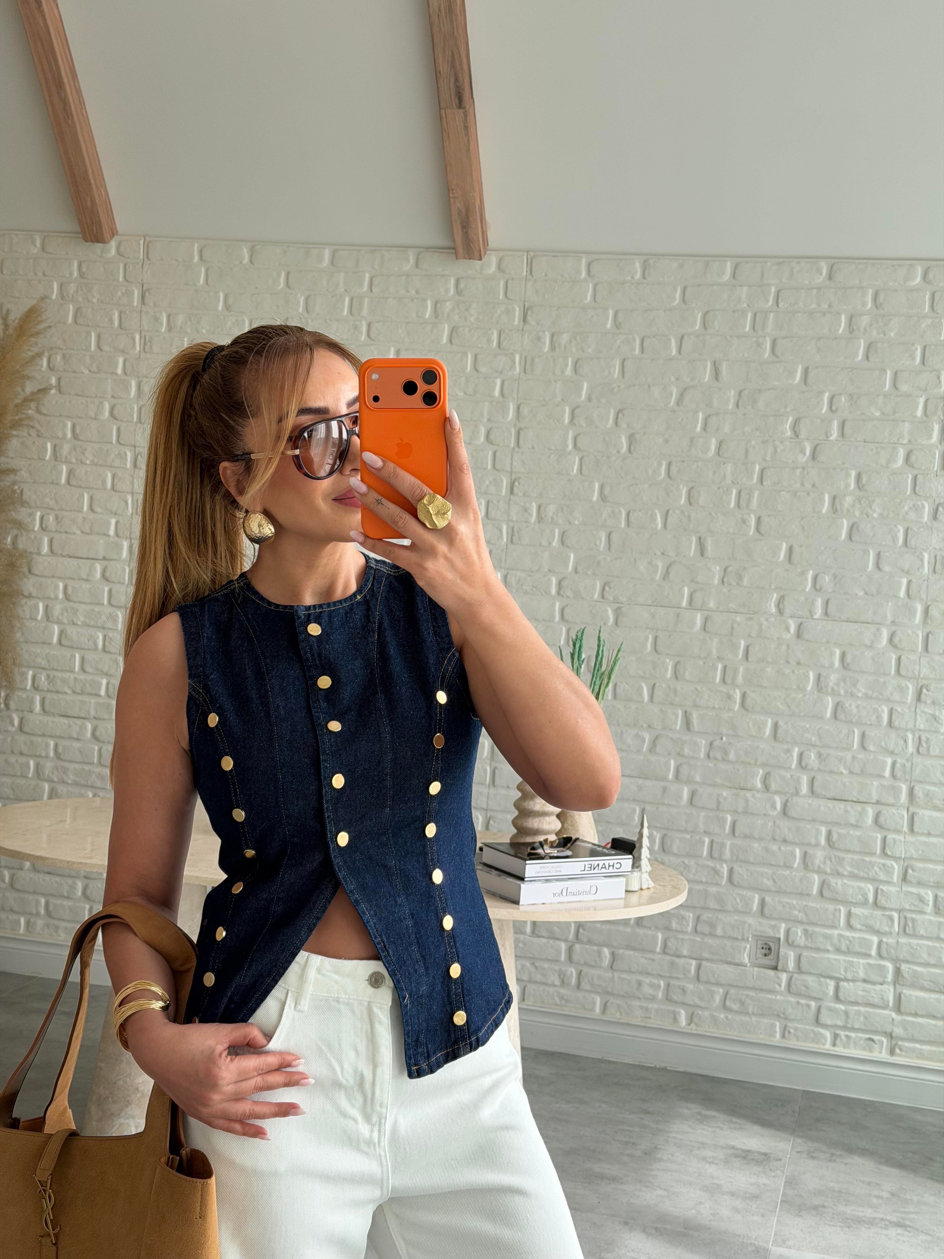 Lacivert Gold Detaylı Yelek