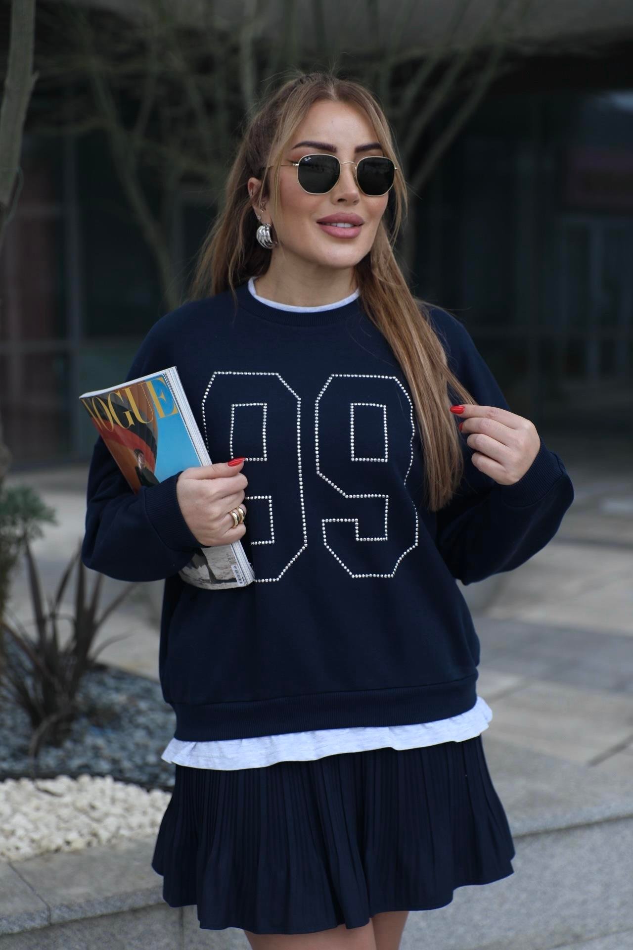 Lacivert Gri Basic Detaylı Sweat