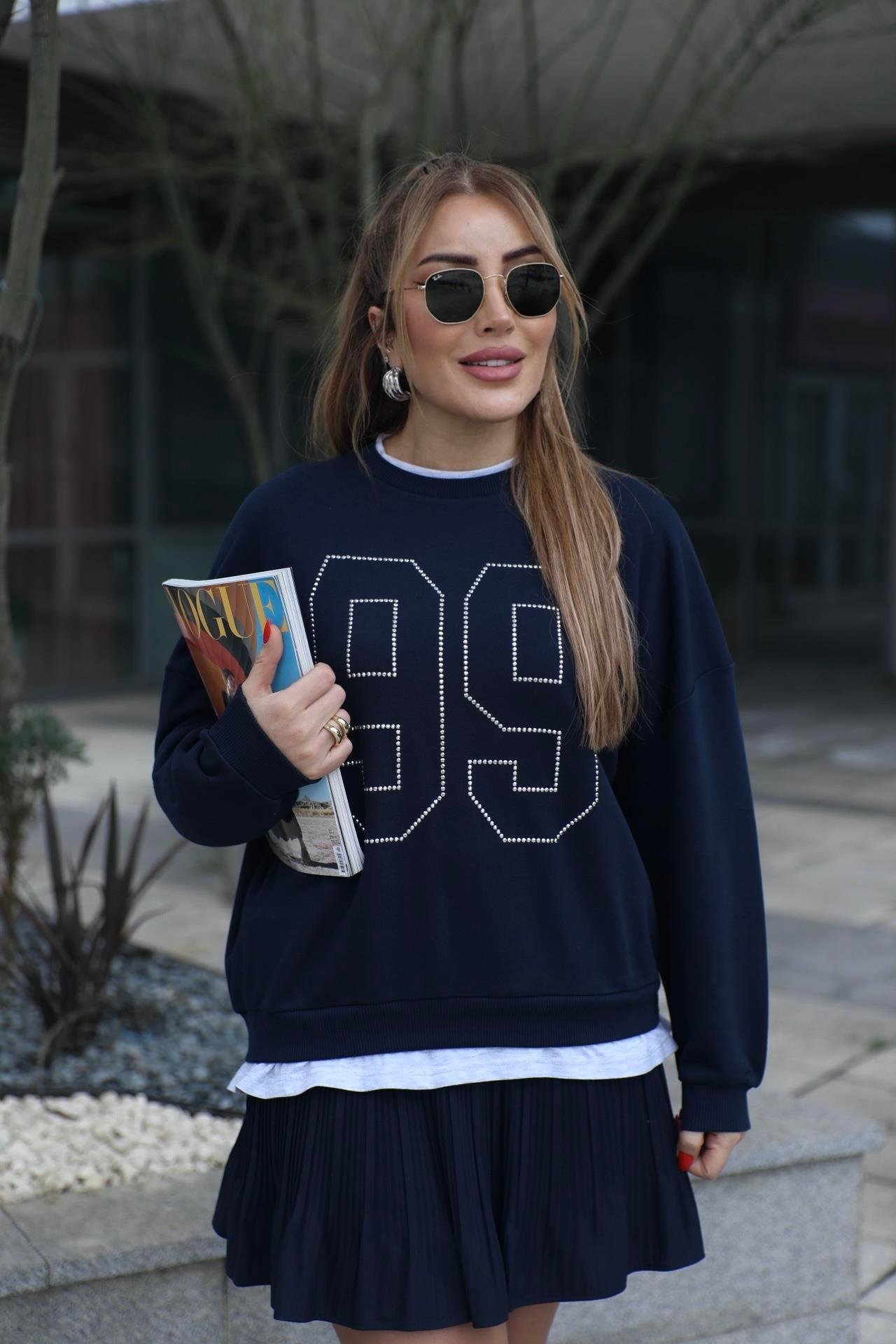 Lacivert Gri Basic Detaylı Sweat