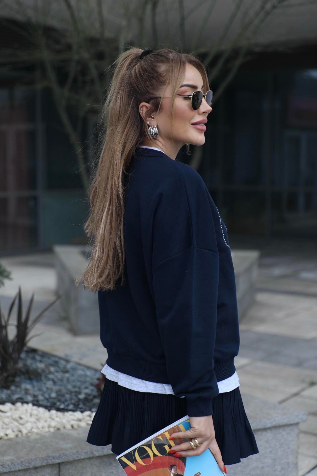 Lacivert Gri Basic Detaylı Sweat