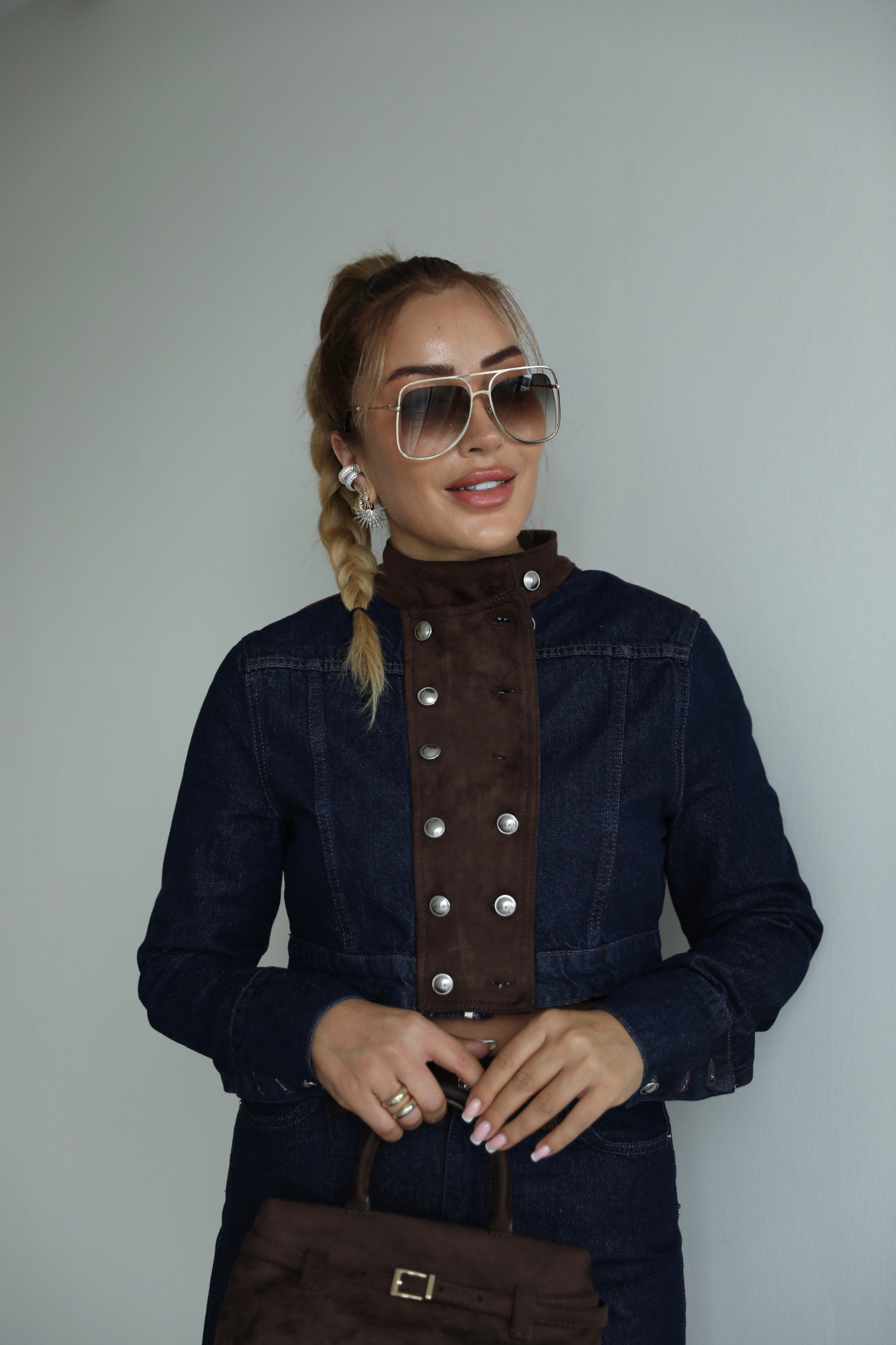 Lacivert Kahve Apoletli Jean Ceket