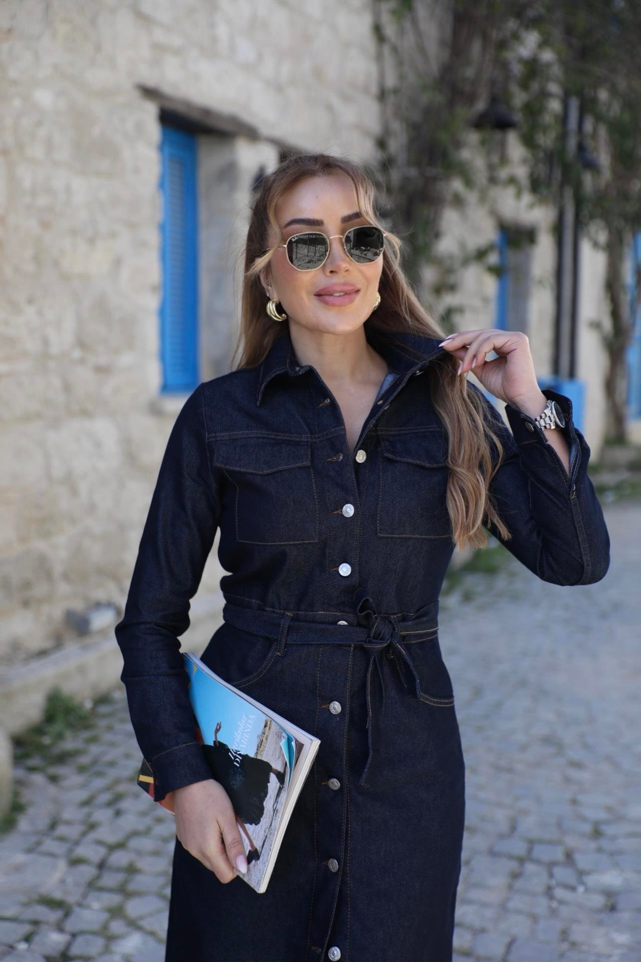 Lacivert Kuşaklı Jean Elbise
