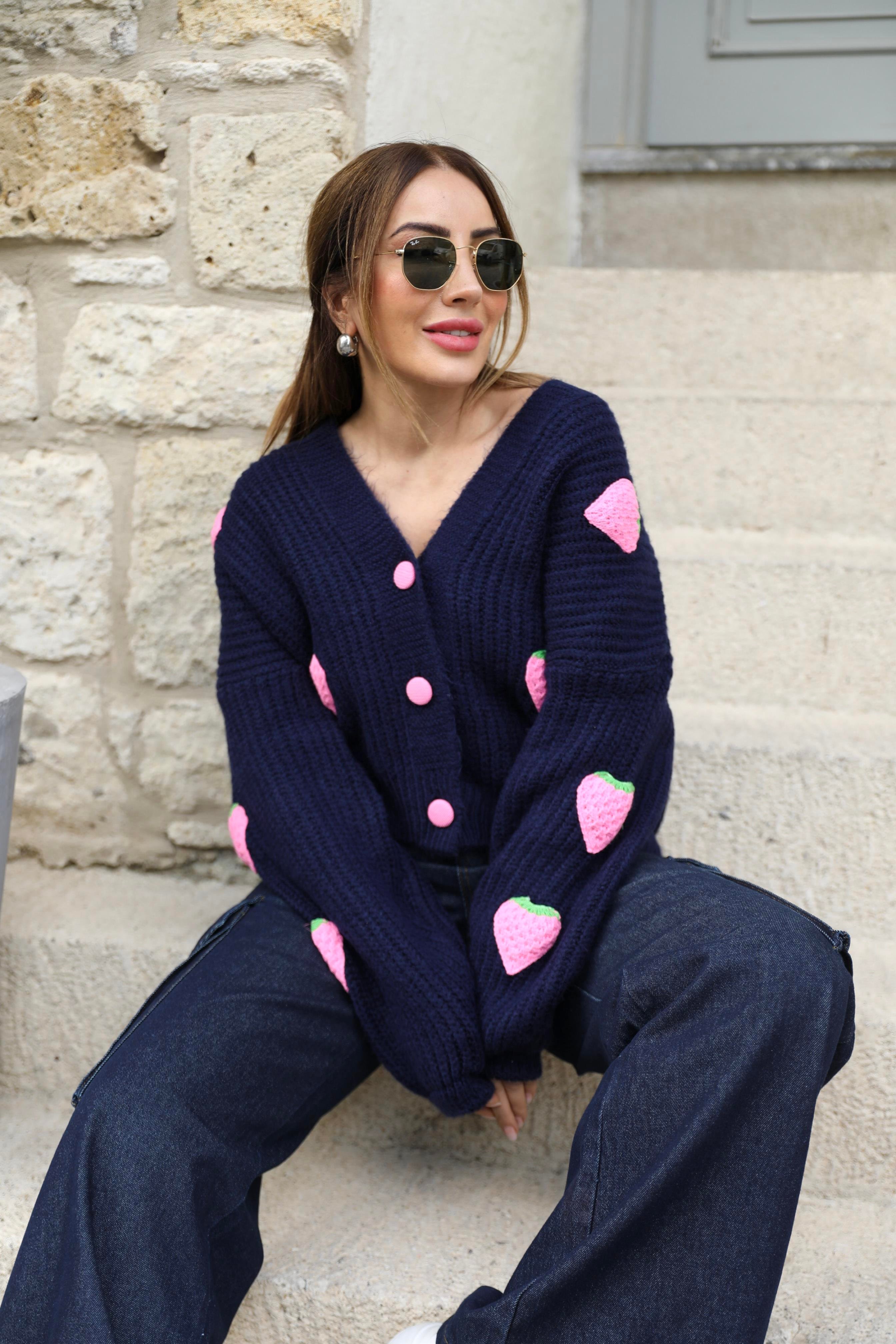 Lacivert Pembe Çilekli Hırka
