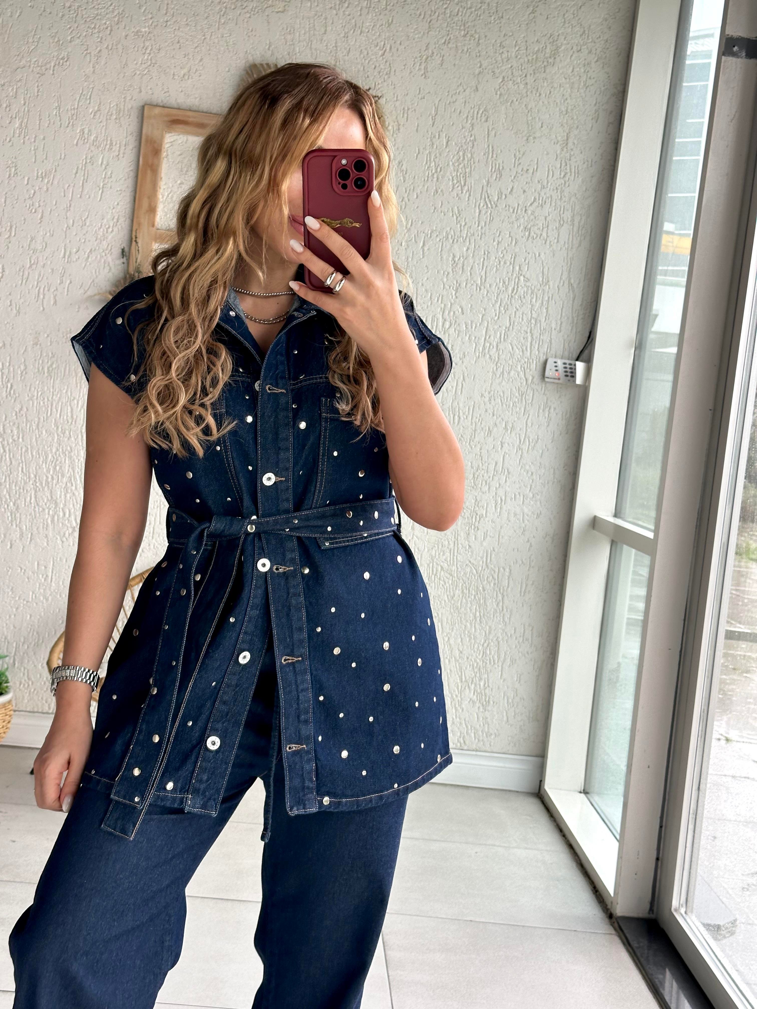 Lacivert Taş Detaylı Denim Takım