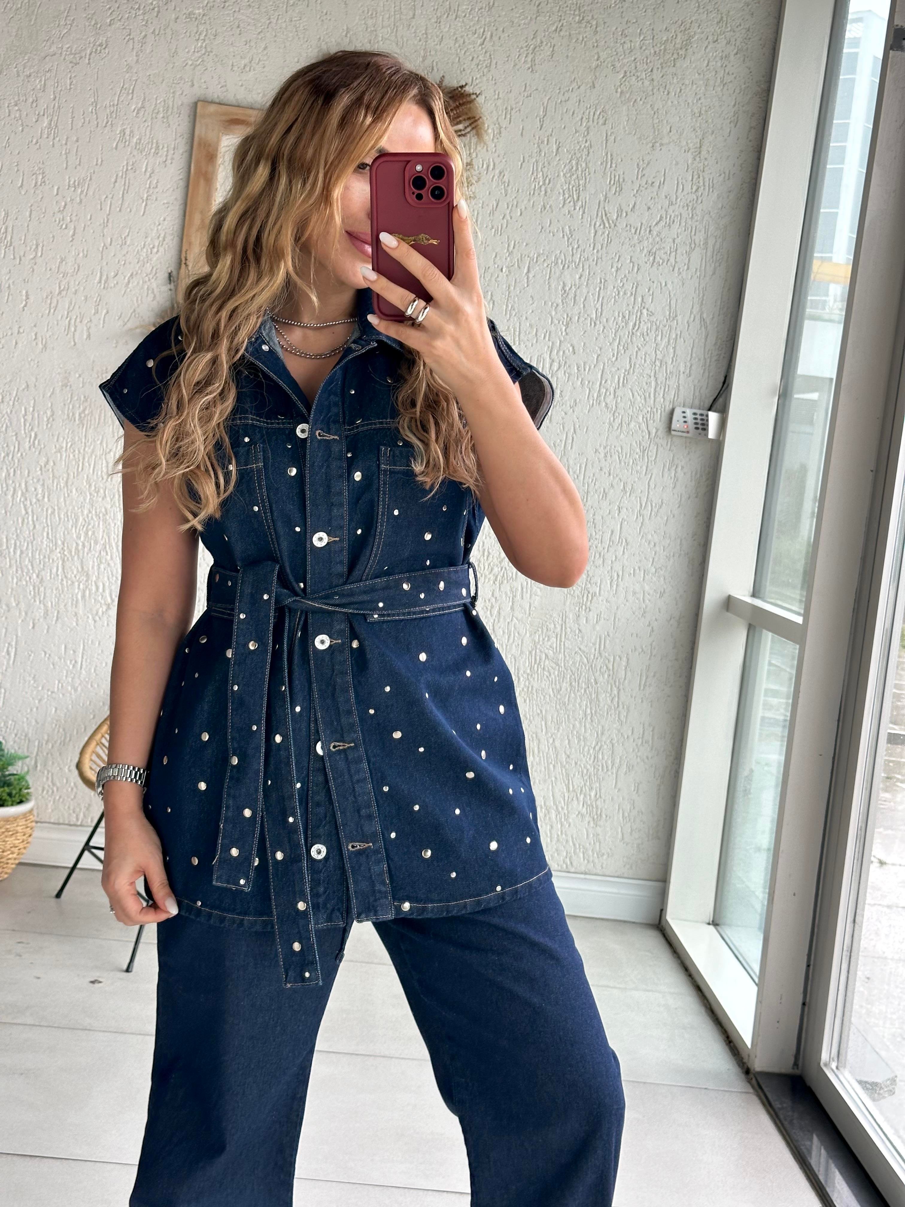 Lacivert Taş Detaylı Denim Takım