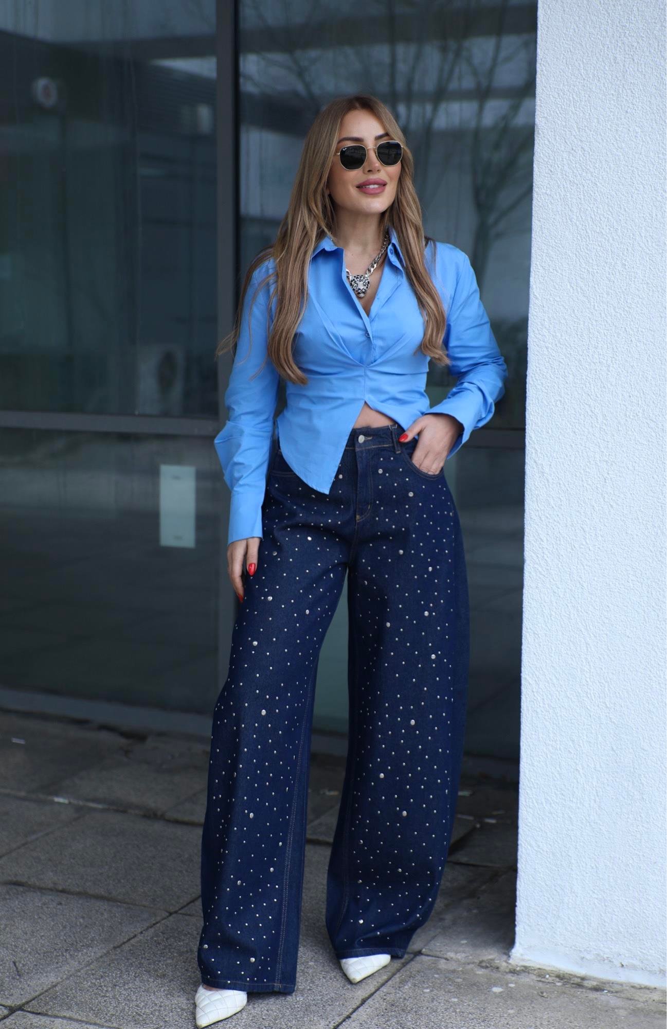 Lacivert Taşlı Balon Denim