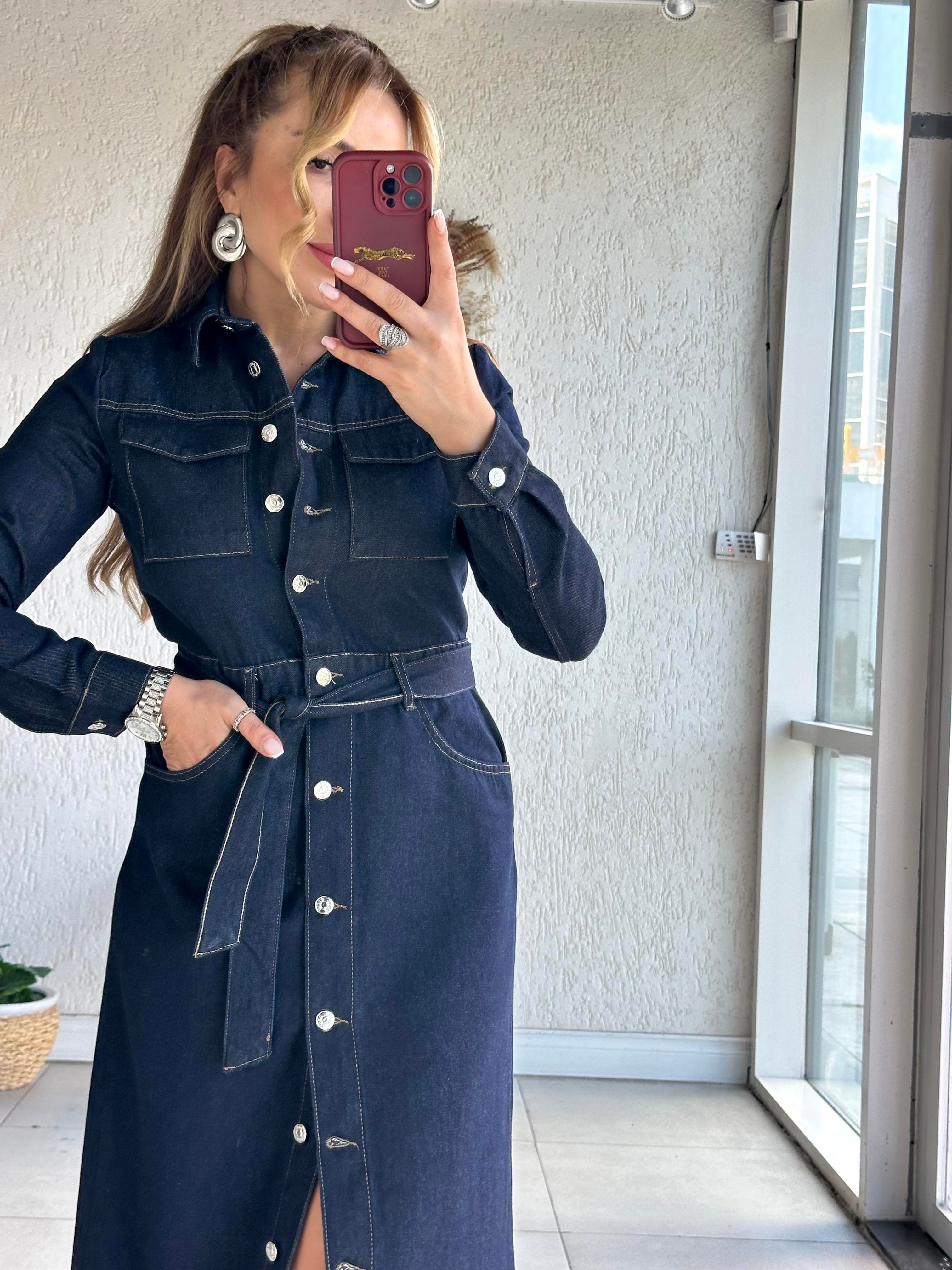 Lacivert Uzun Kollu Kuşaklı Jean Elbise