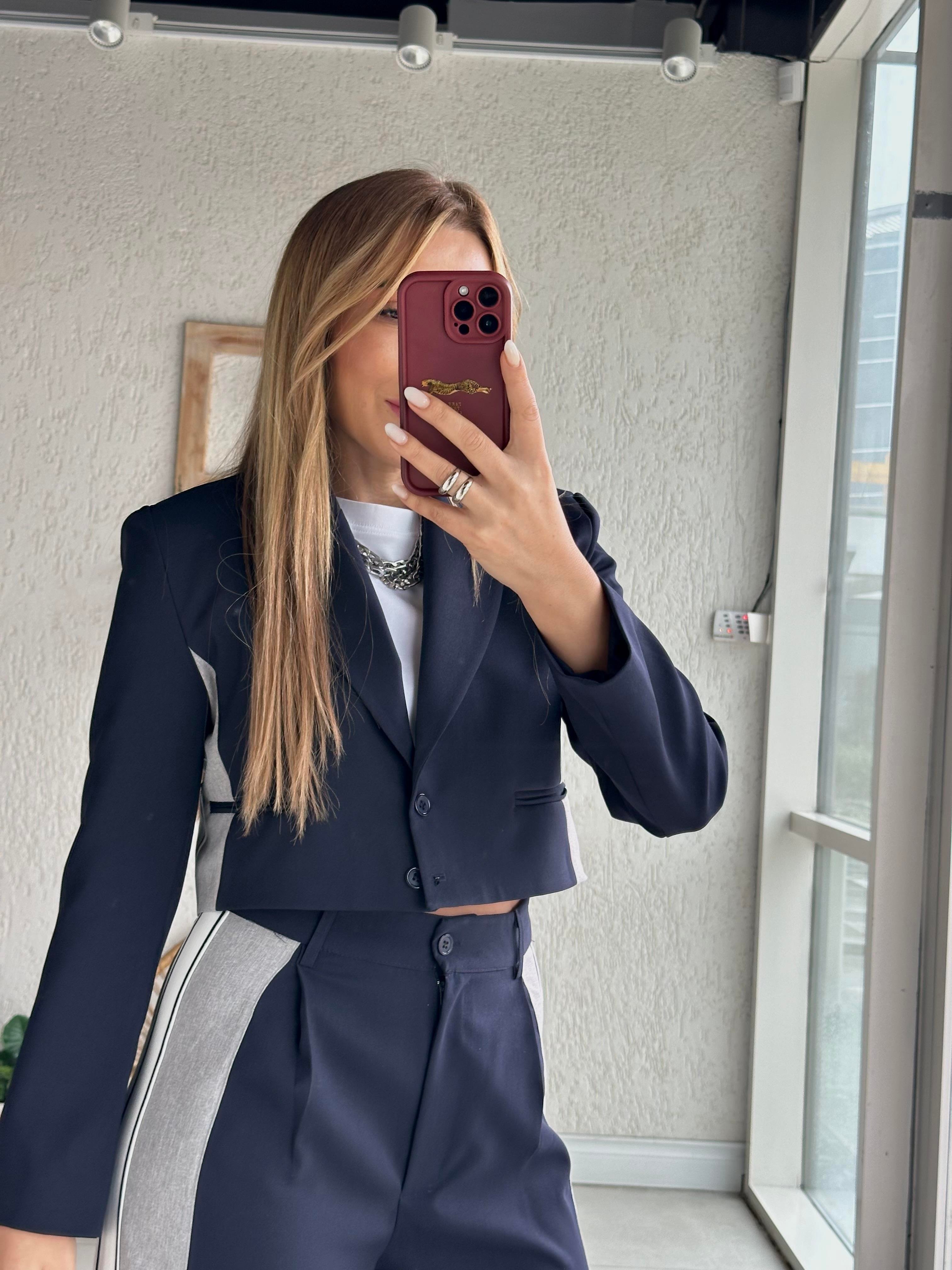 Lacivert Yanı Şeritli Ceket
