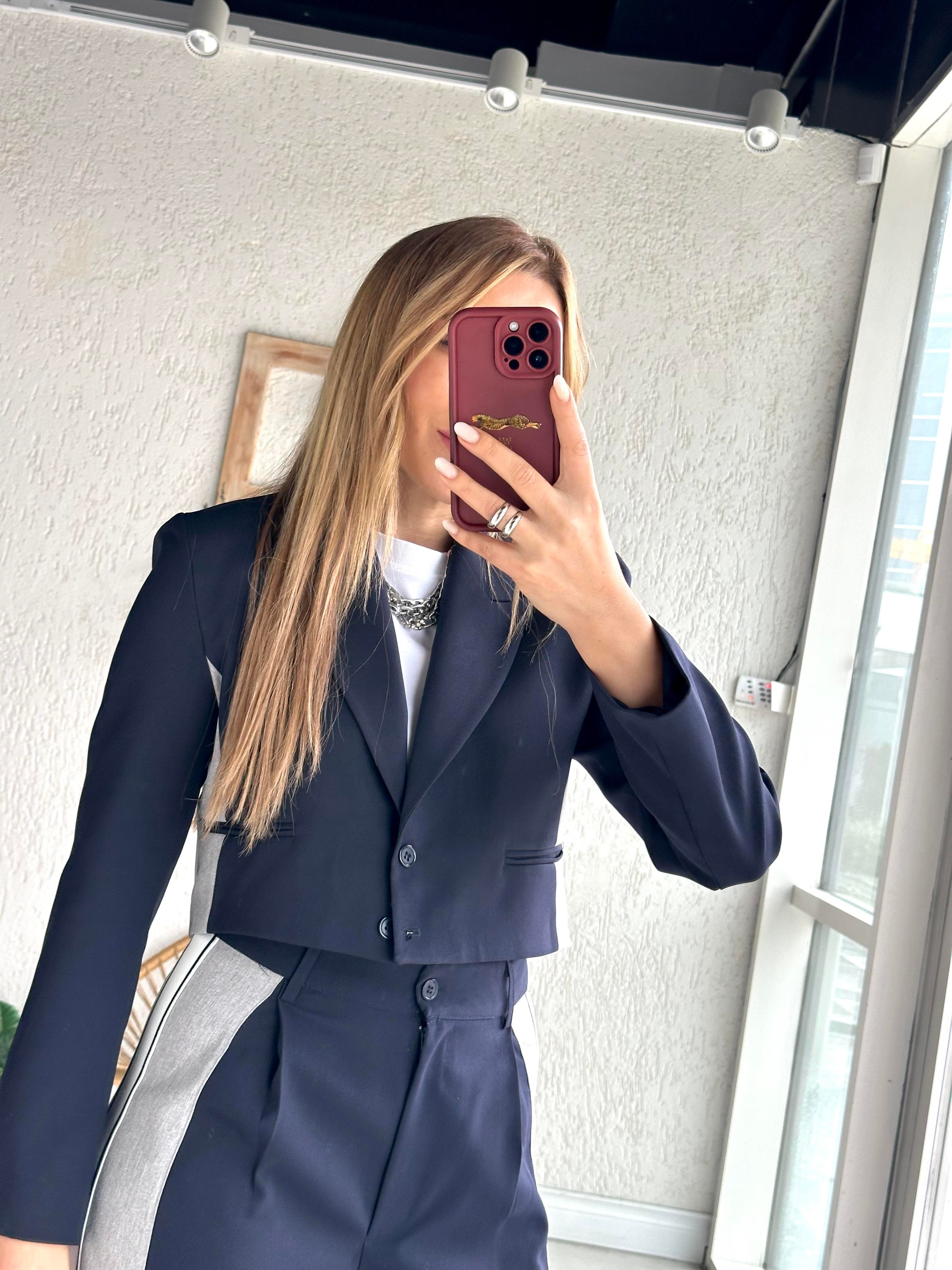 Lacivert Yanı Şeritli Ceket
