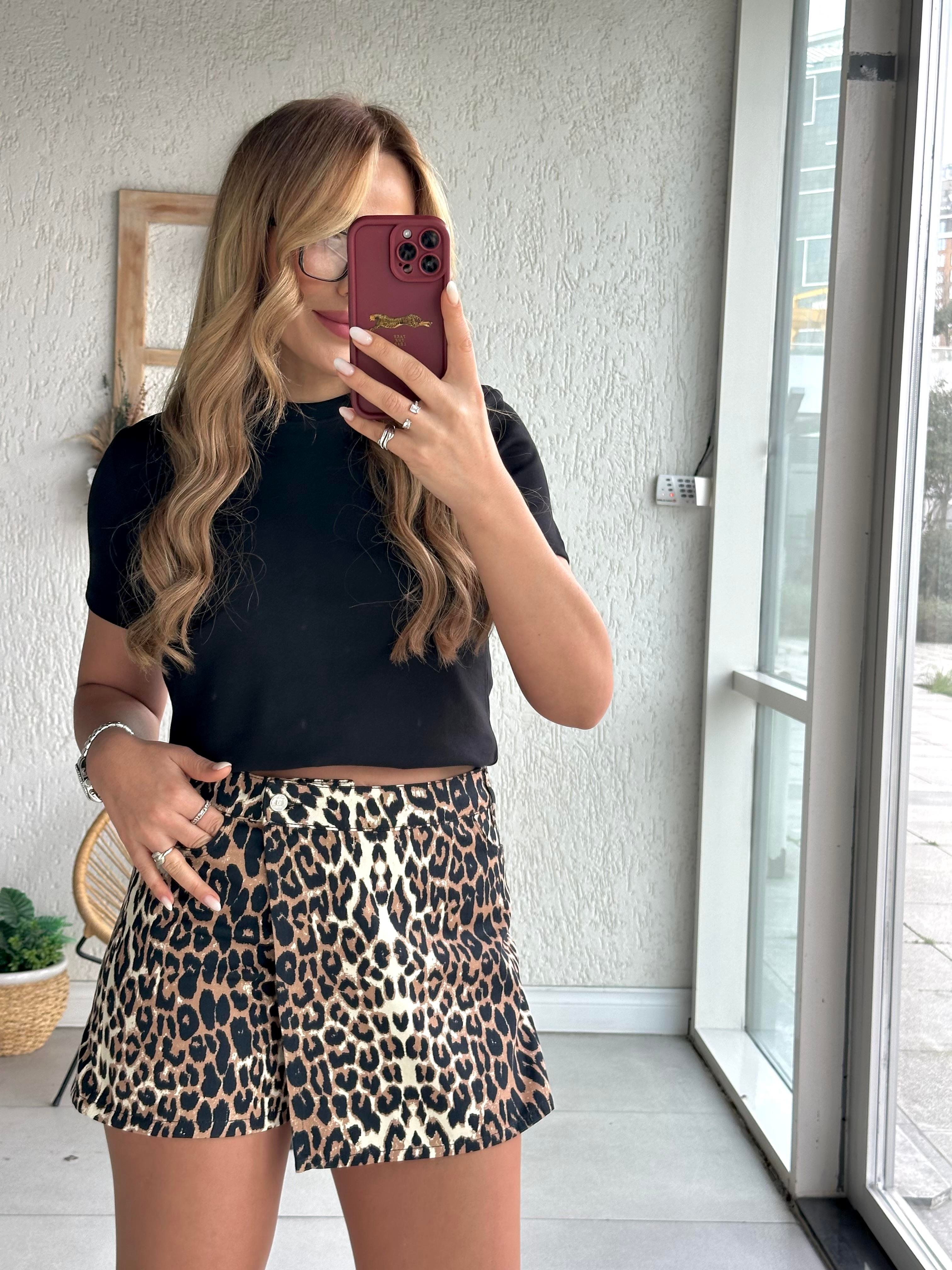 Leopar Desen Gabardin Şort Etek
