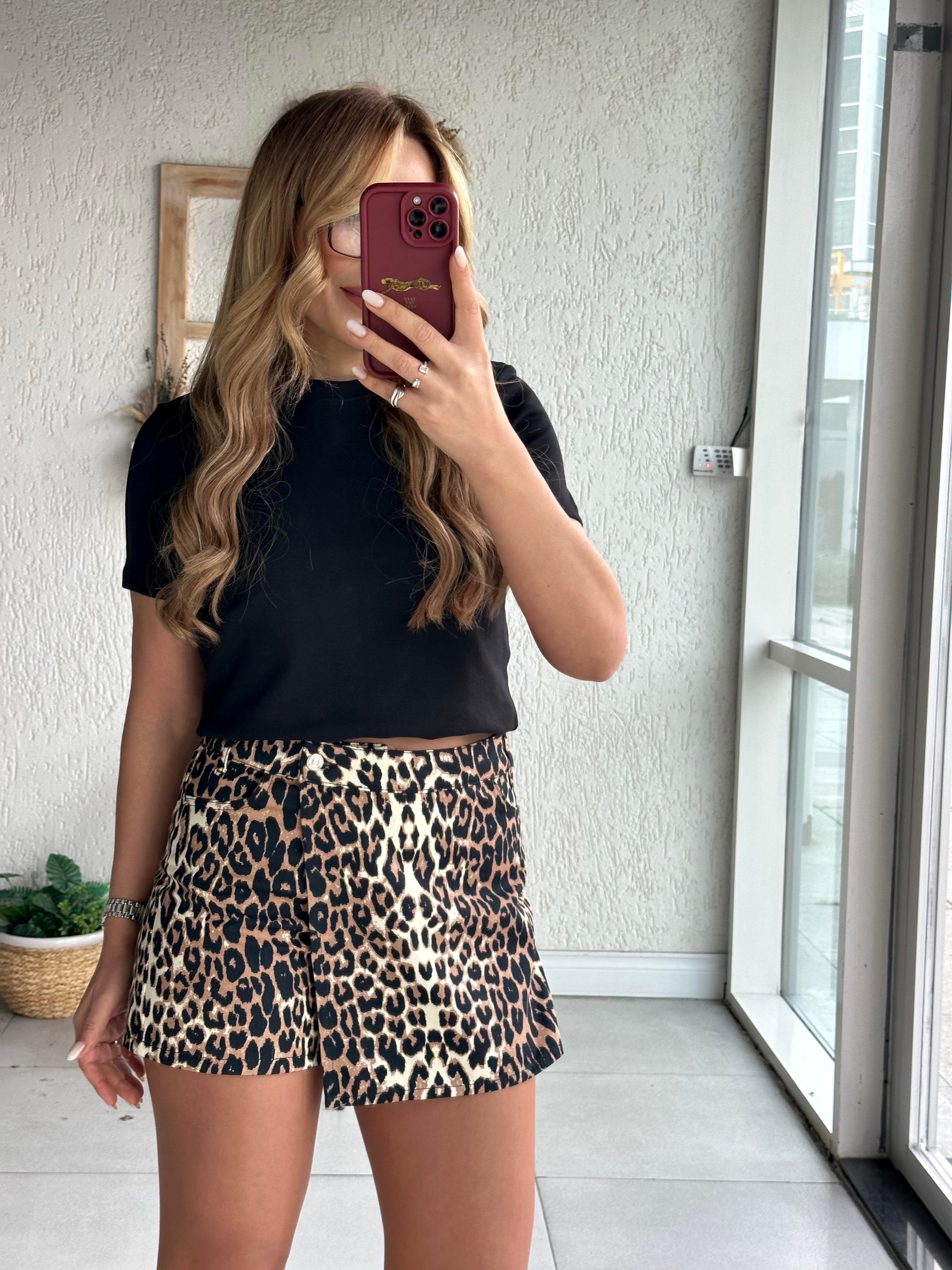 Leopar Desen Gabardin Şort Etek