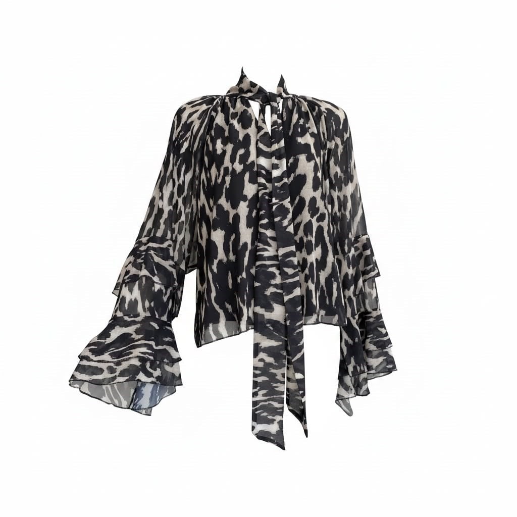 Leopar Desen Kolu Fırfırlı Gömlek 