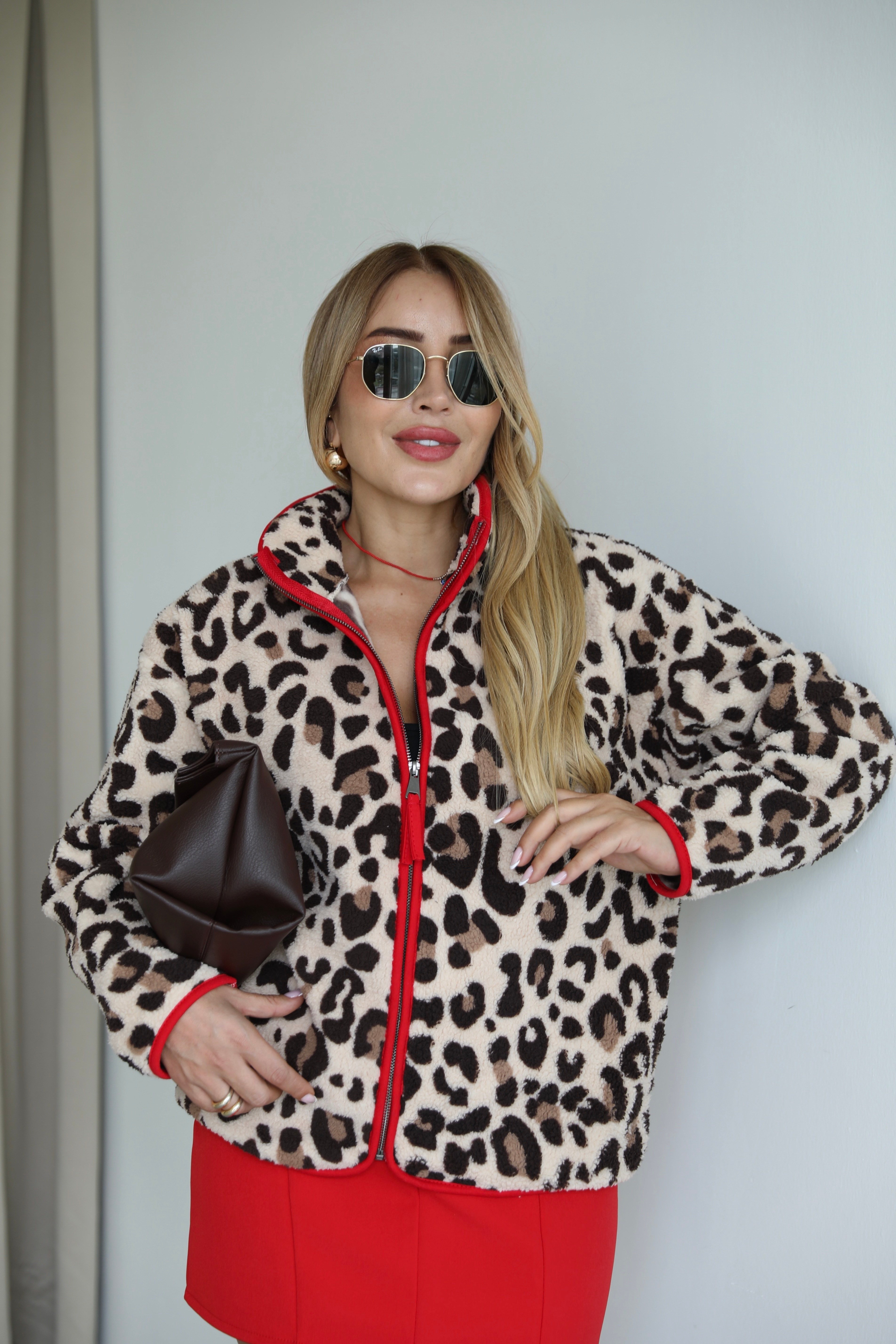 Leopar Kırmızı Polar Ceket