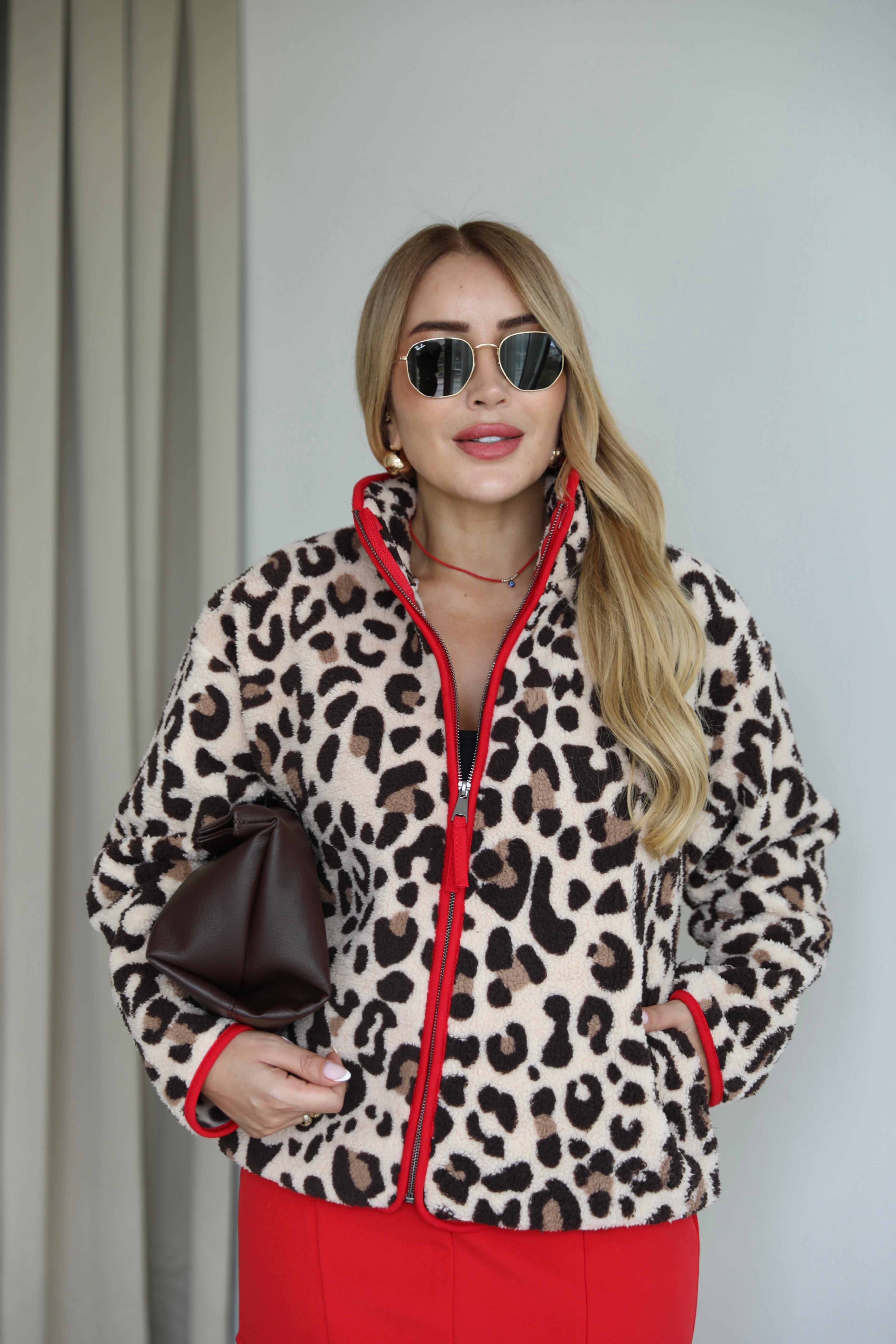 Leopar Kırmızı Polar Ceket