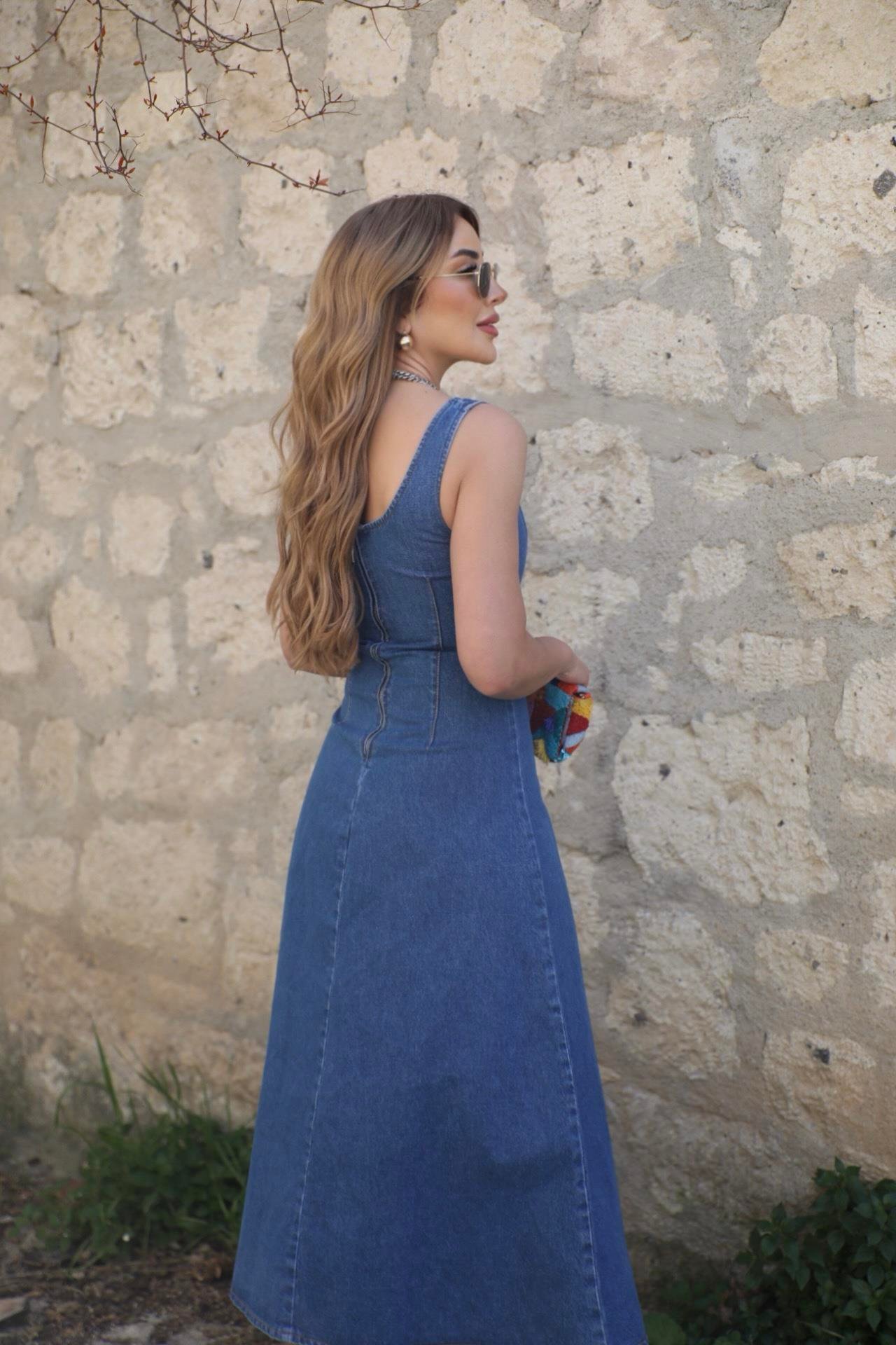 Mavi Askılı Denim Elbise 