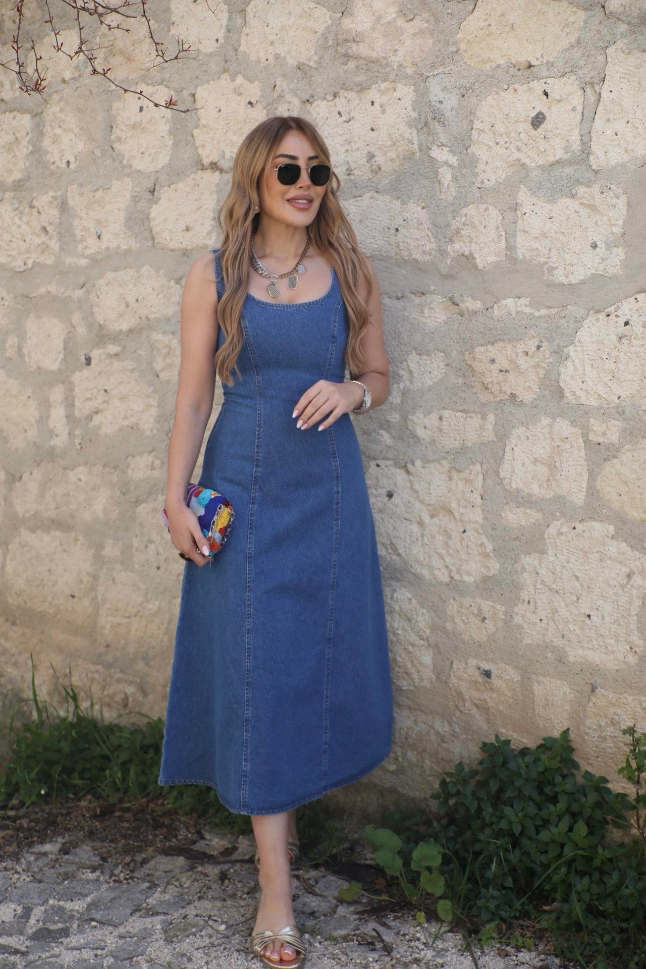Mavi Askılı Denim Elbise 