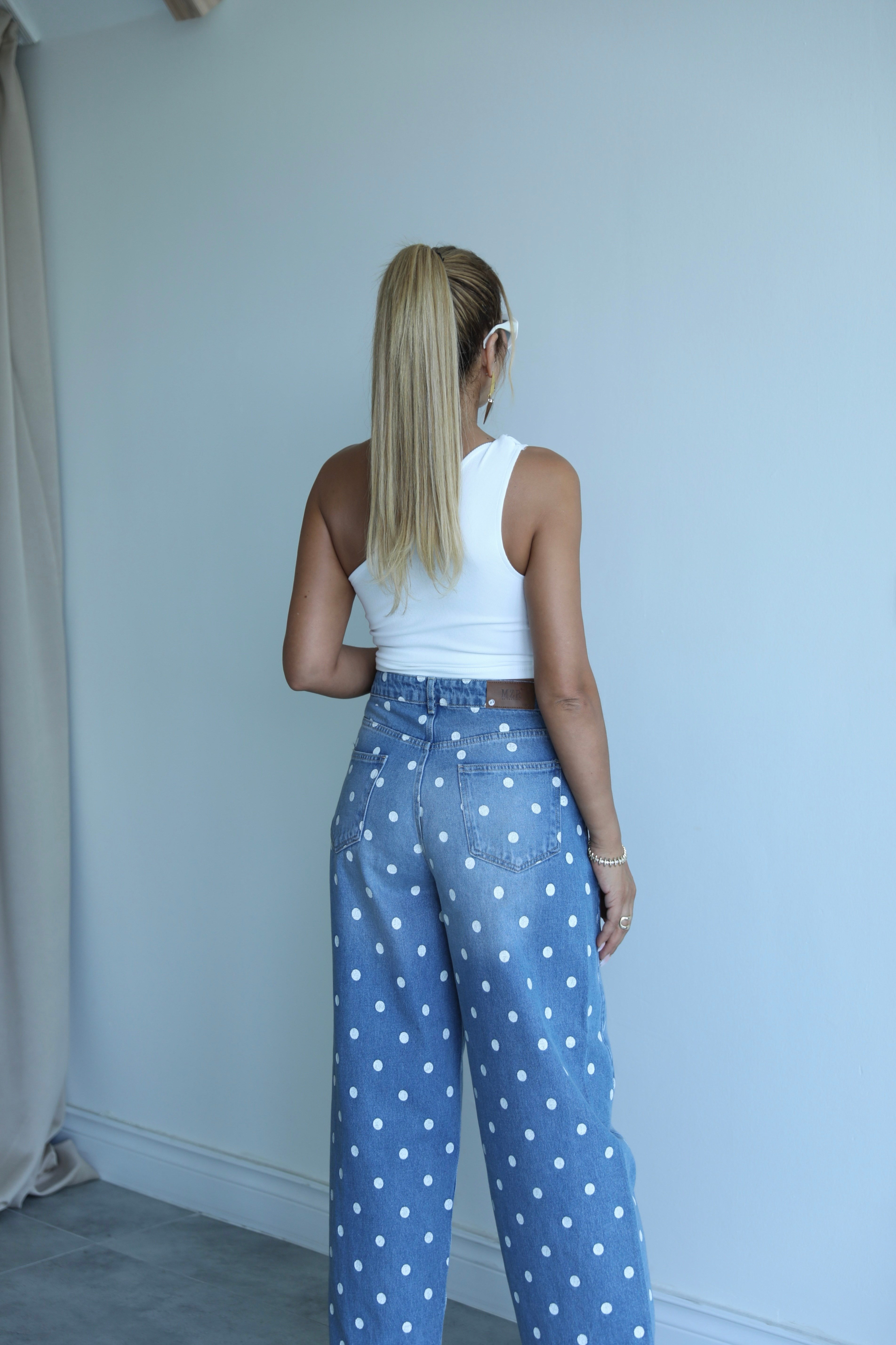 Mavi Beyaz Puantiyeli Denim