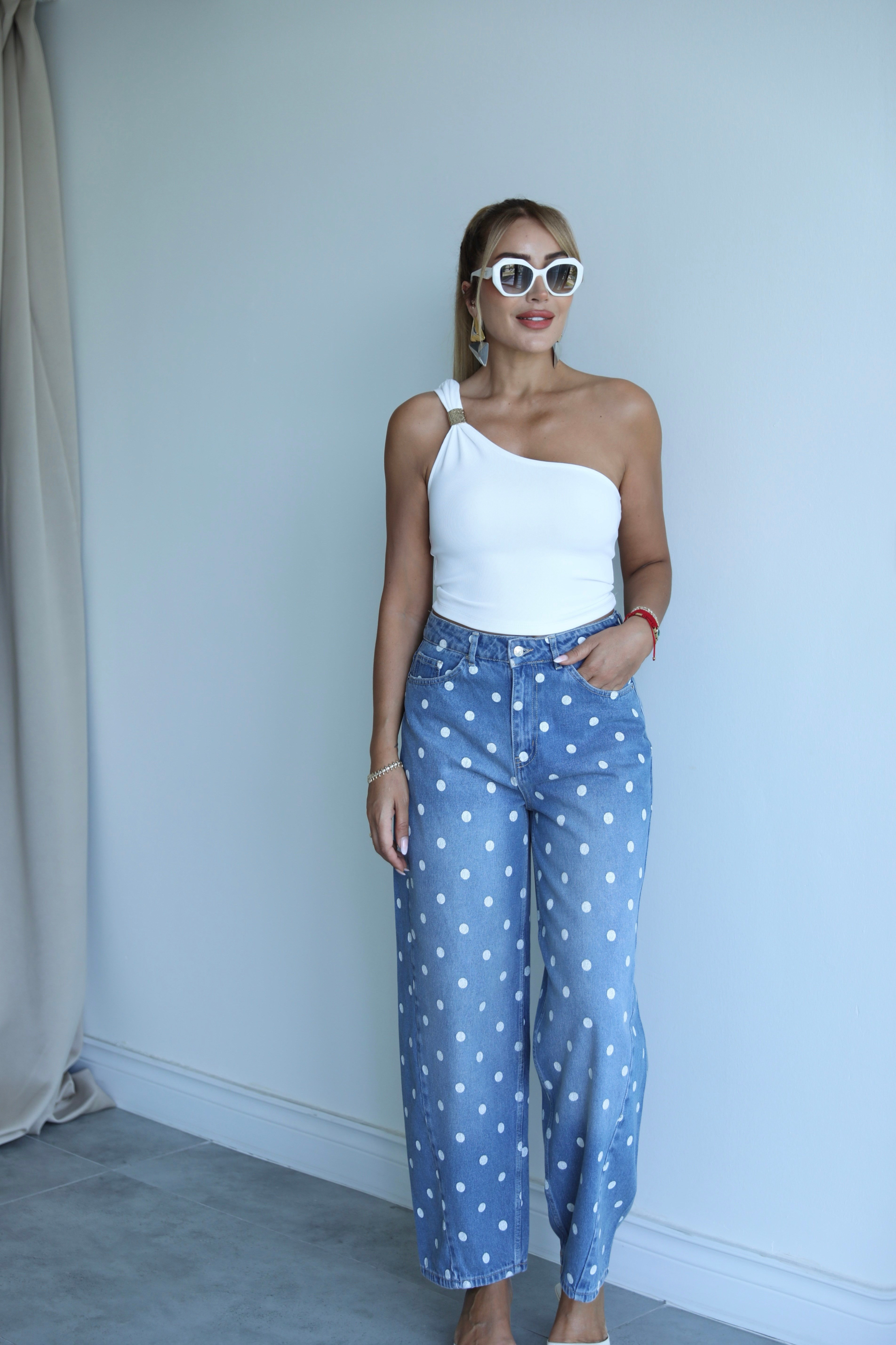 Mavi Beyaz Puantiyeli Denim