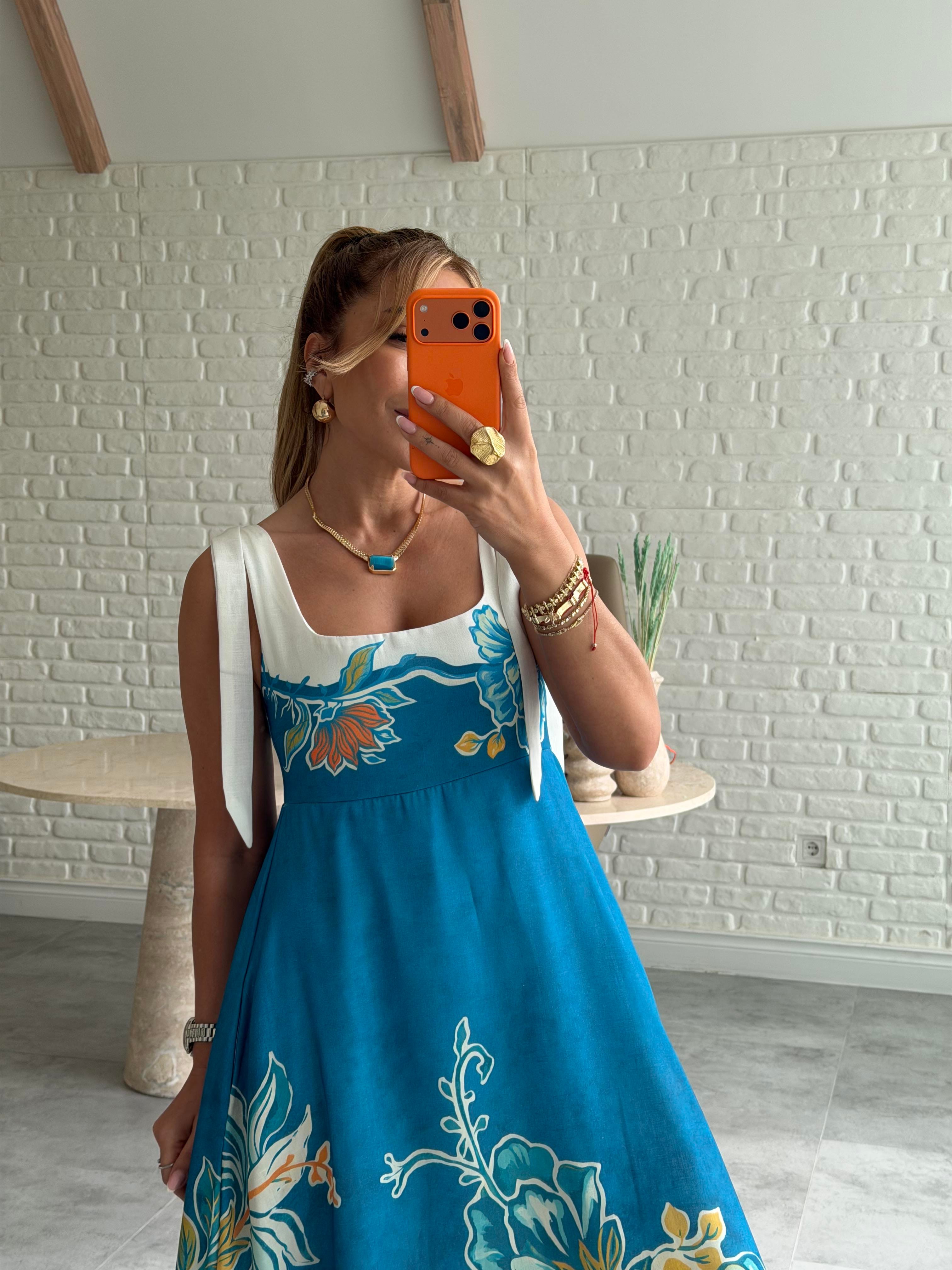 Mavi Desenli Askı Detay Keten Maxi Elbise