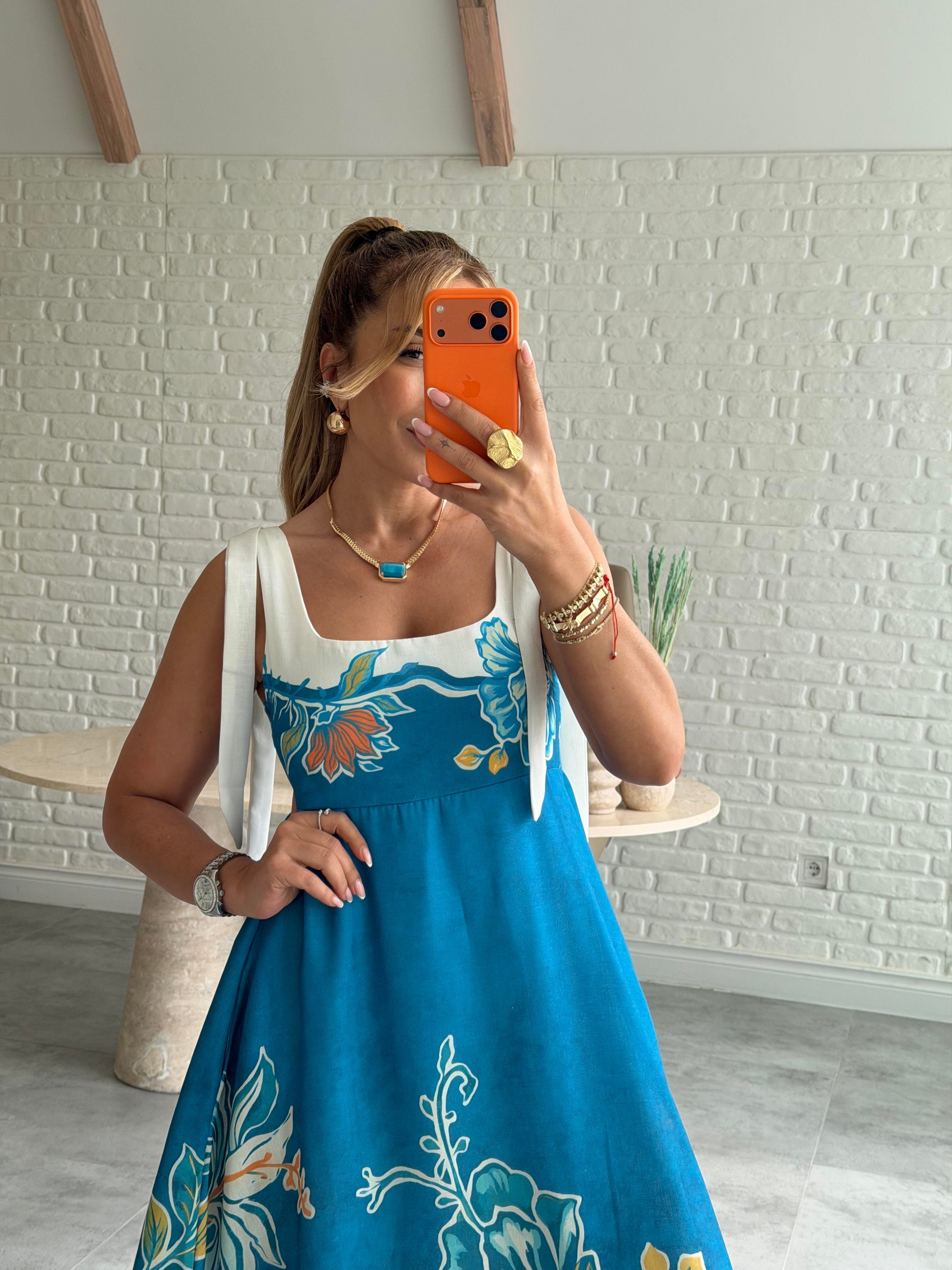 Mavi Desenli Askı Detay Keten Maxi Elbise
