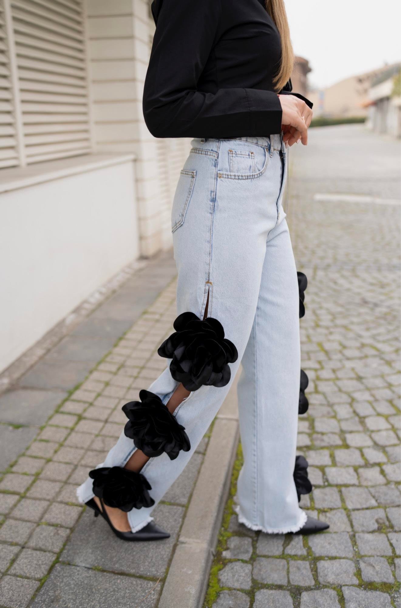 Mavi Gül Detaylı Tasarım Denim