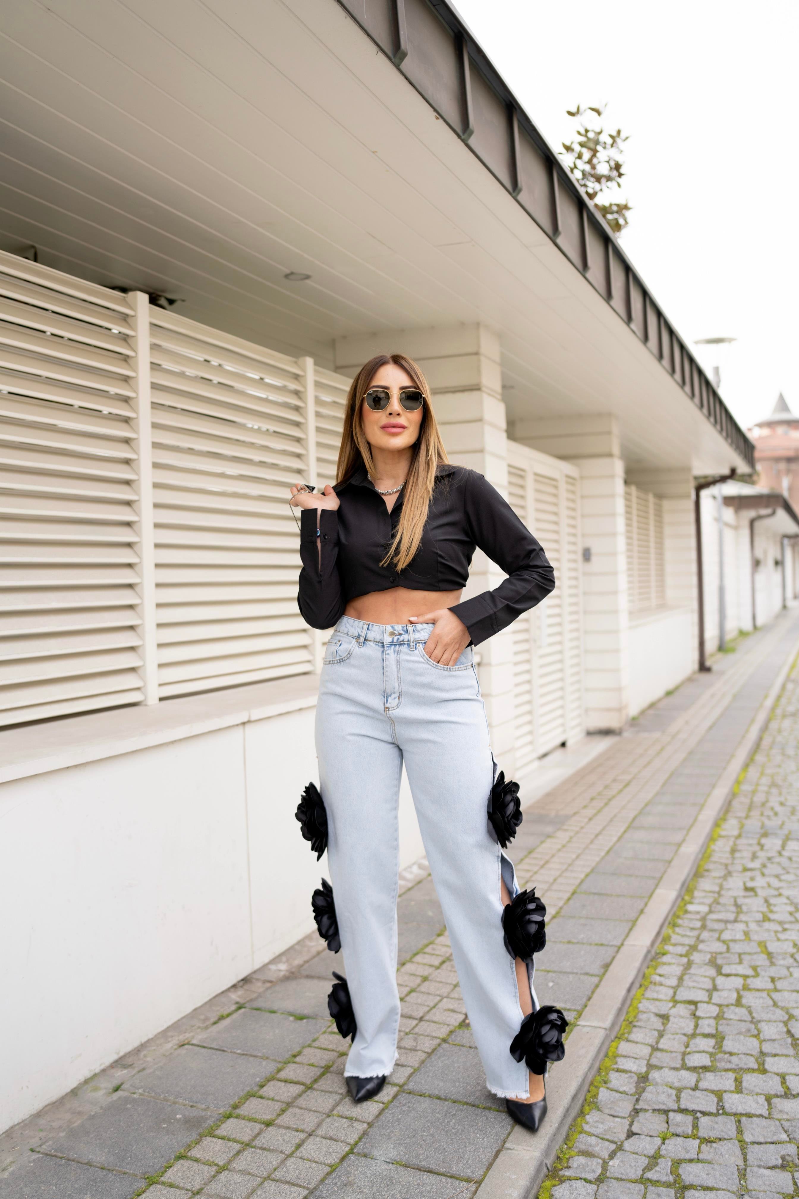 Mavi Gül Detaylı Tasarım Denim