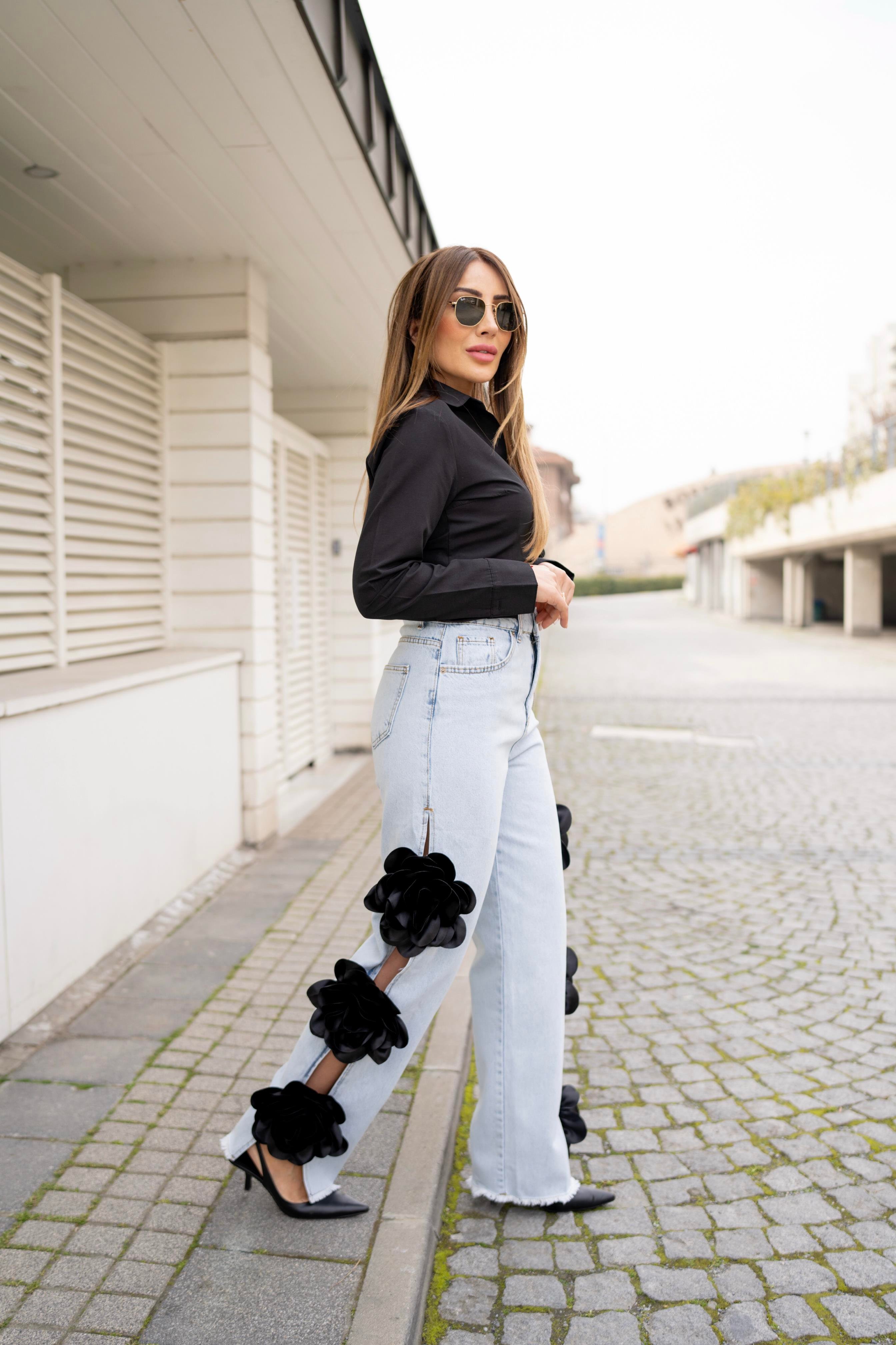 Mavi Gül Detaylı Tasarım Denim