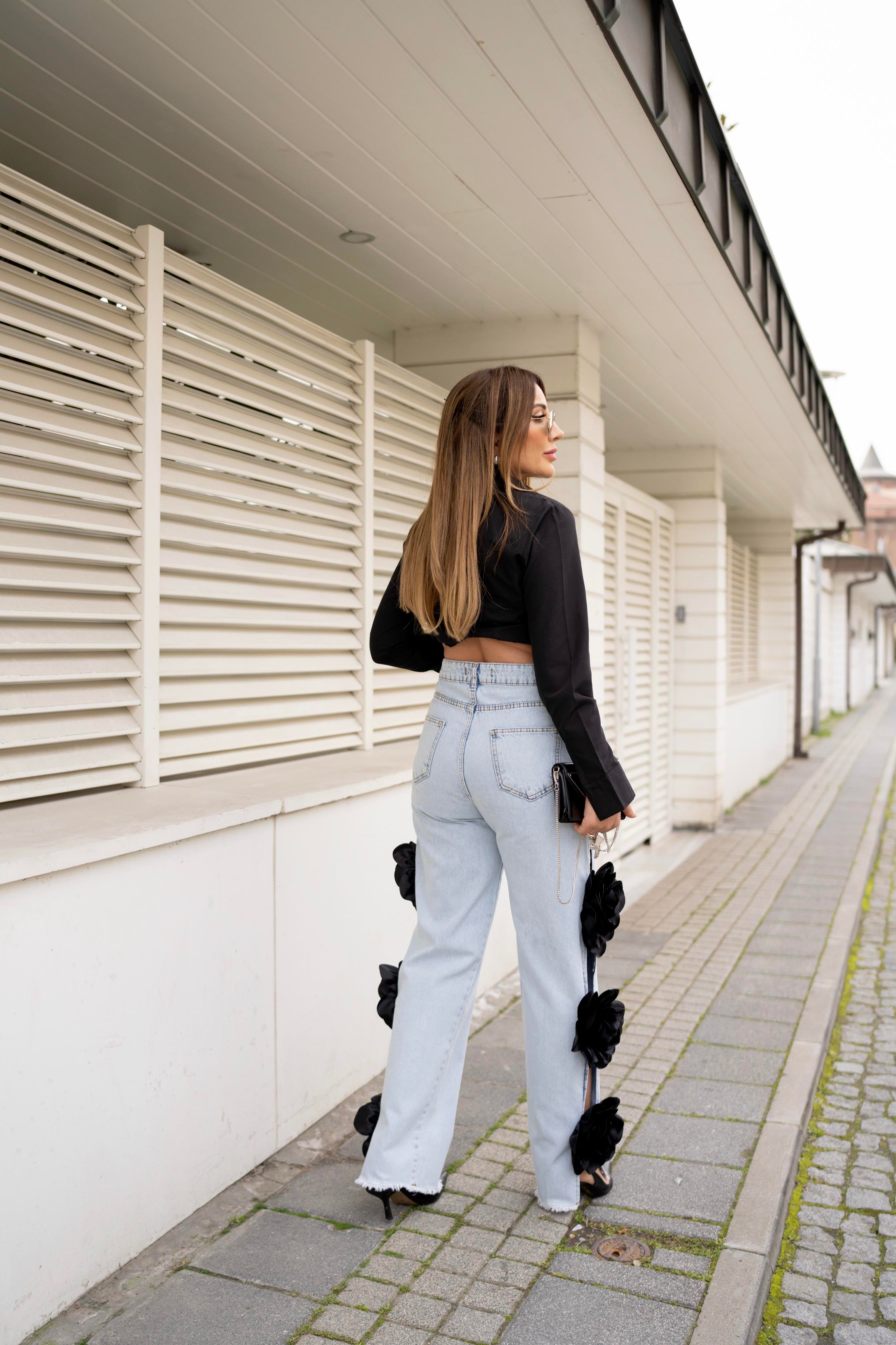 Mavi Gül Detaylı Tasarım Denim