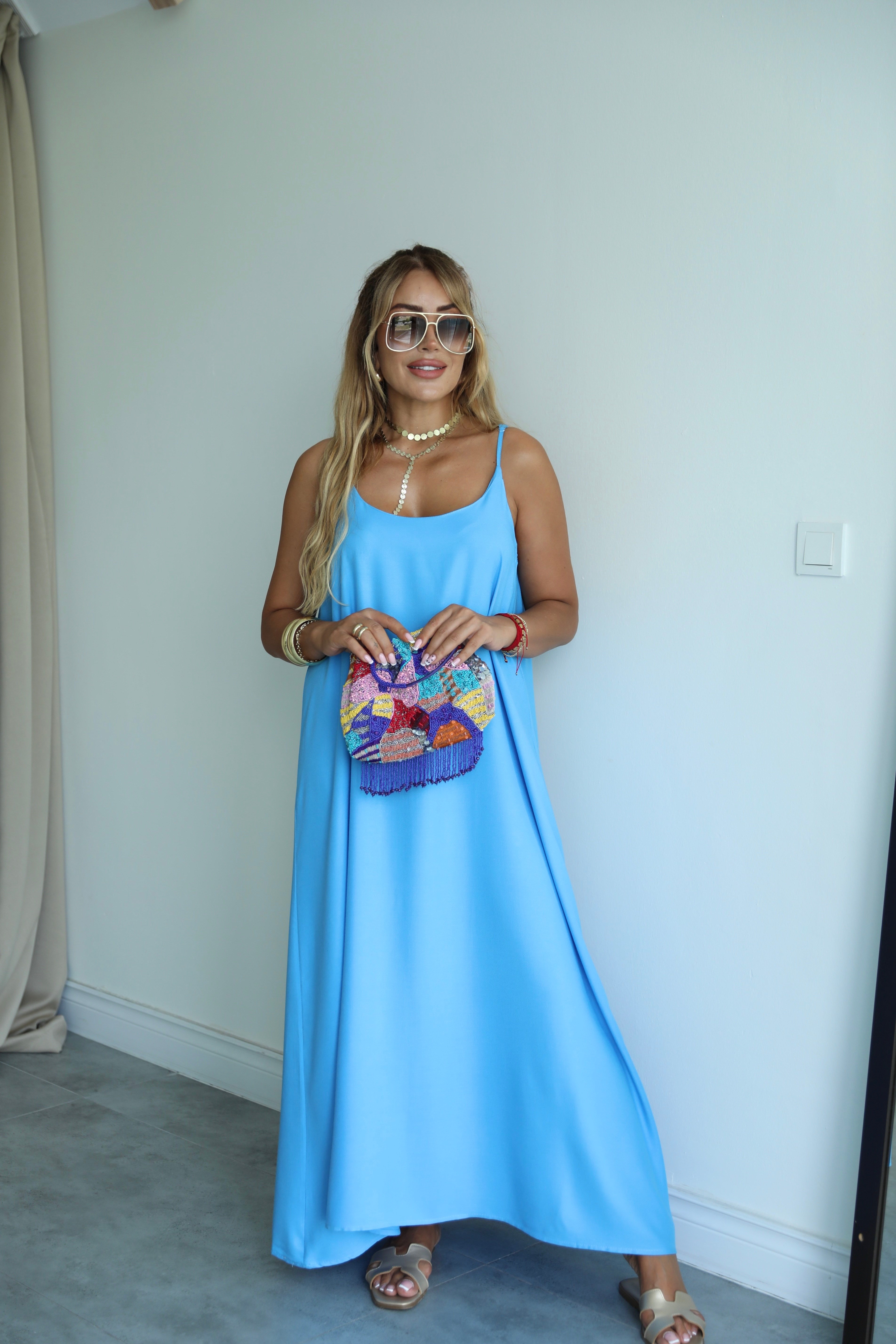 Mavi İnce Askılı Dokulu Çan Elbise