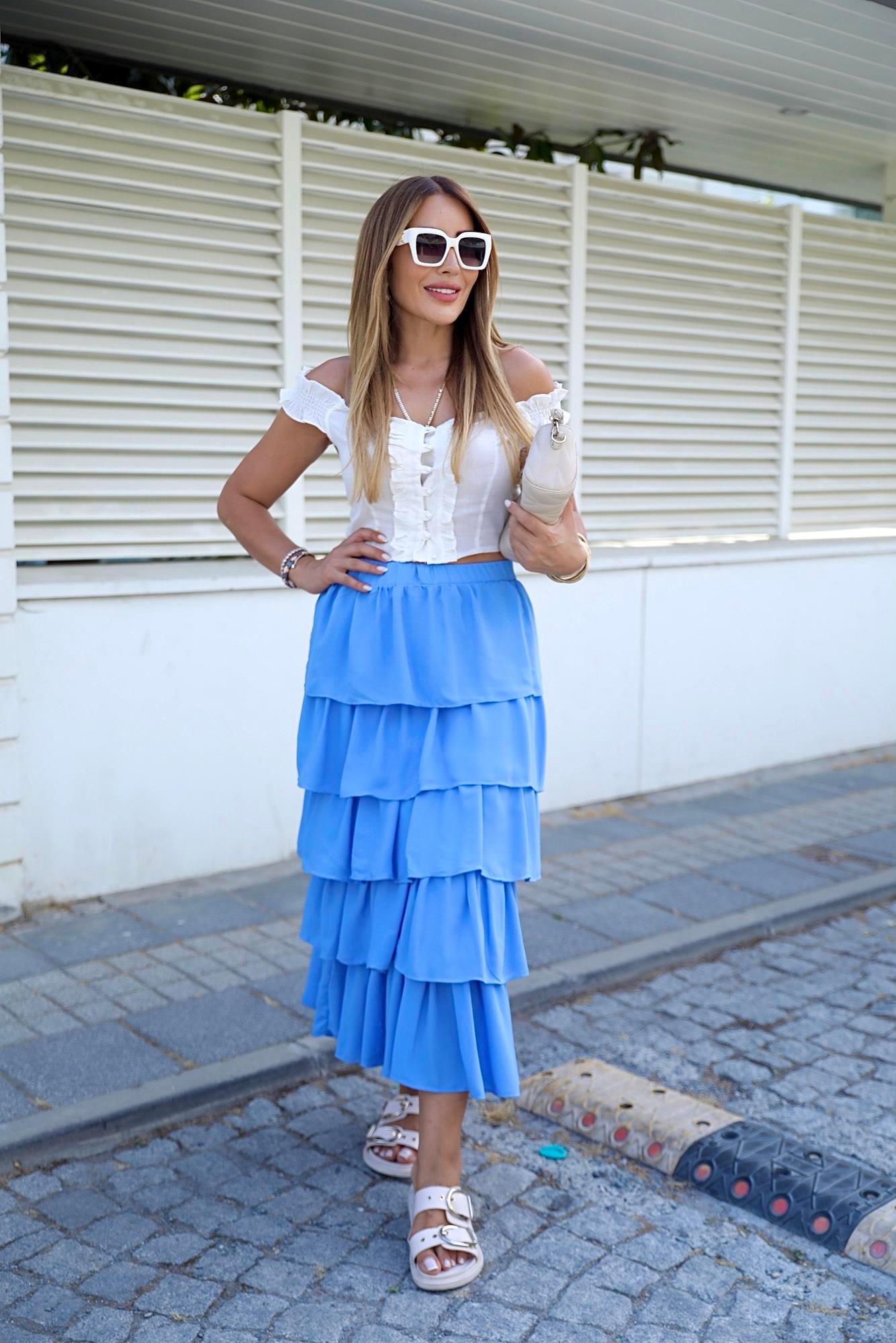 Mavi Katlı Maxi Etek