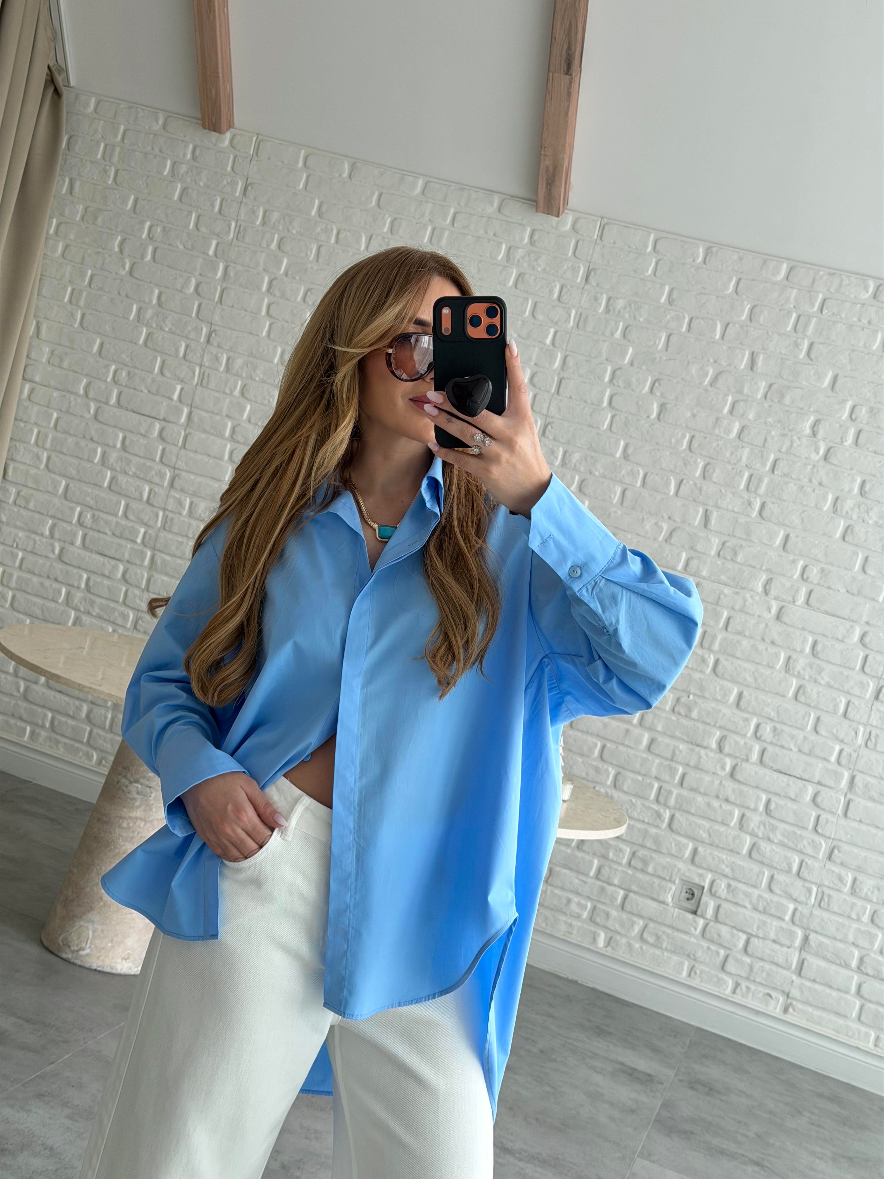 Mavi Oversize Poplin Gömlek