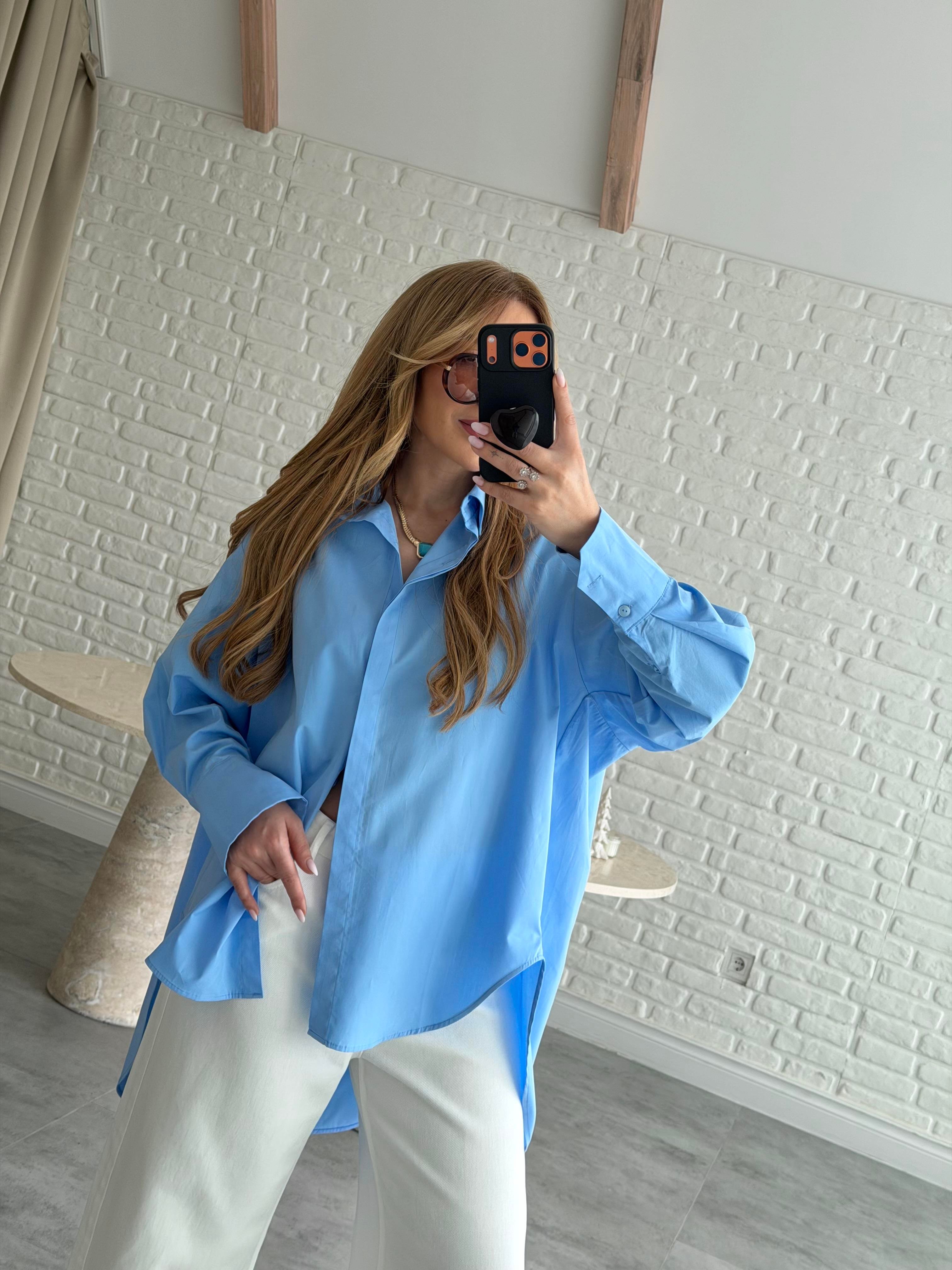 Mavi Oversize Poplin Gömlek