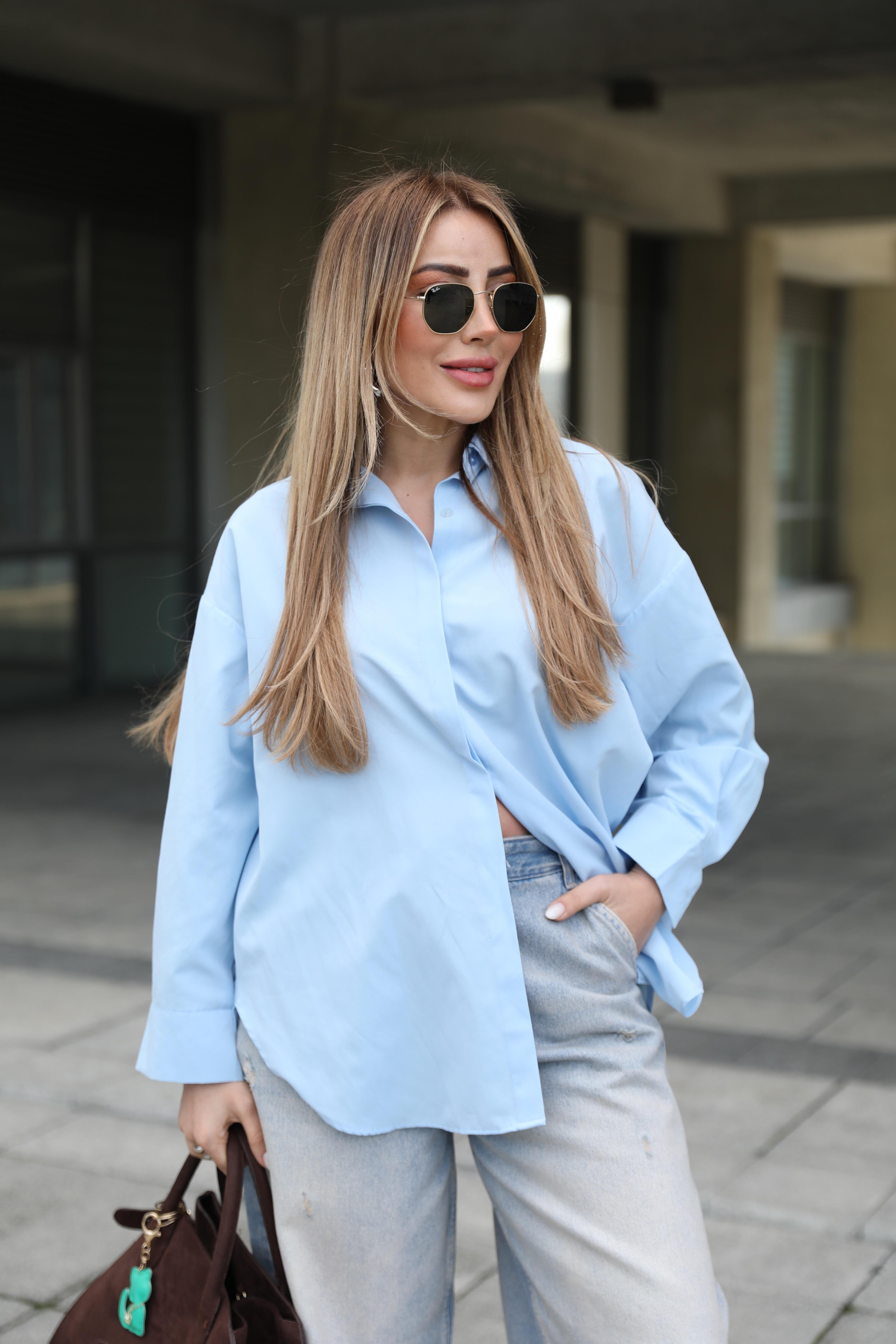 Mavi Oversize Poplin Gömlek