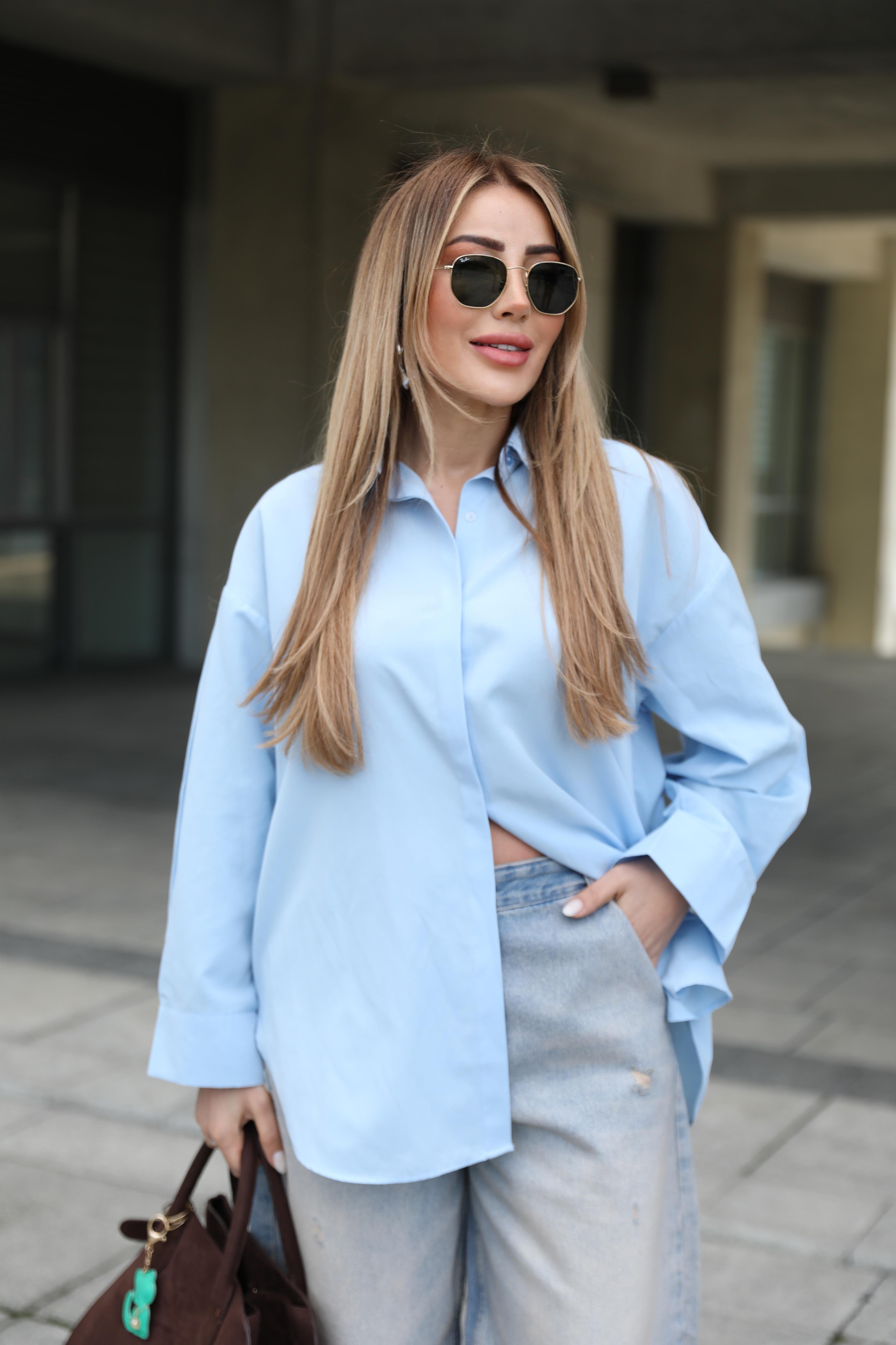 Mavi Oversize Poplin Gömlek