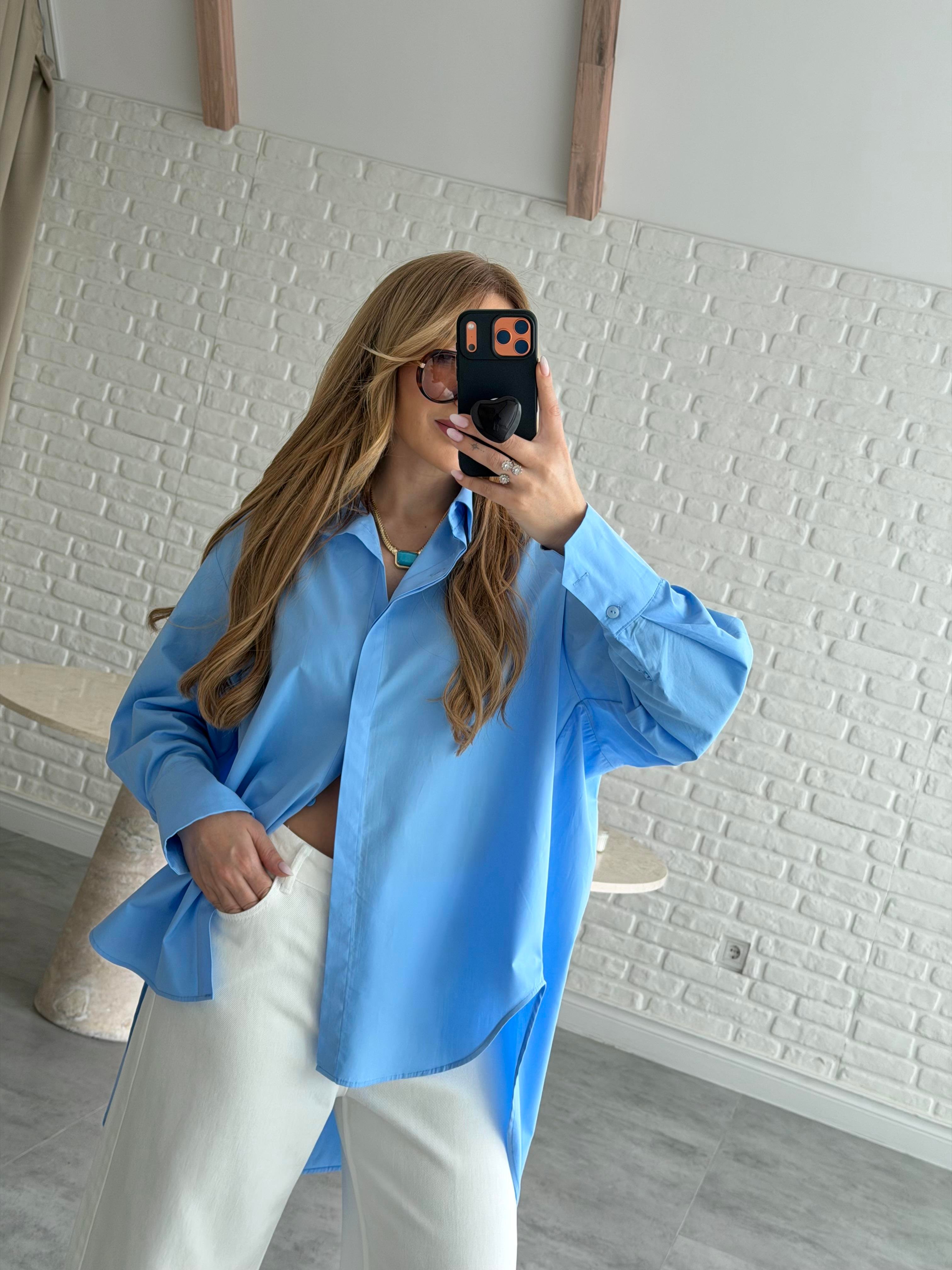 Mavi Oversize Poplin Gömlek
