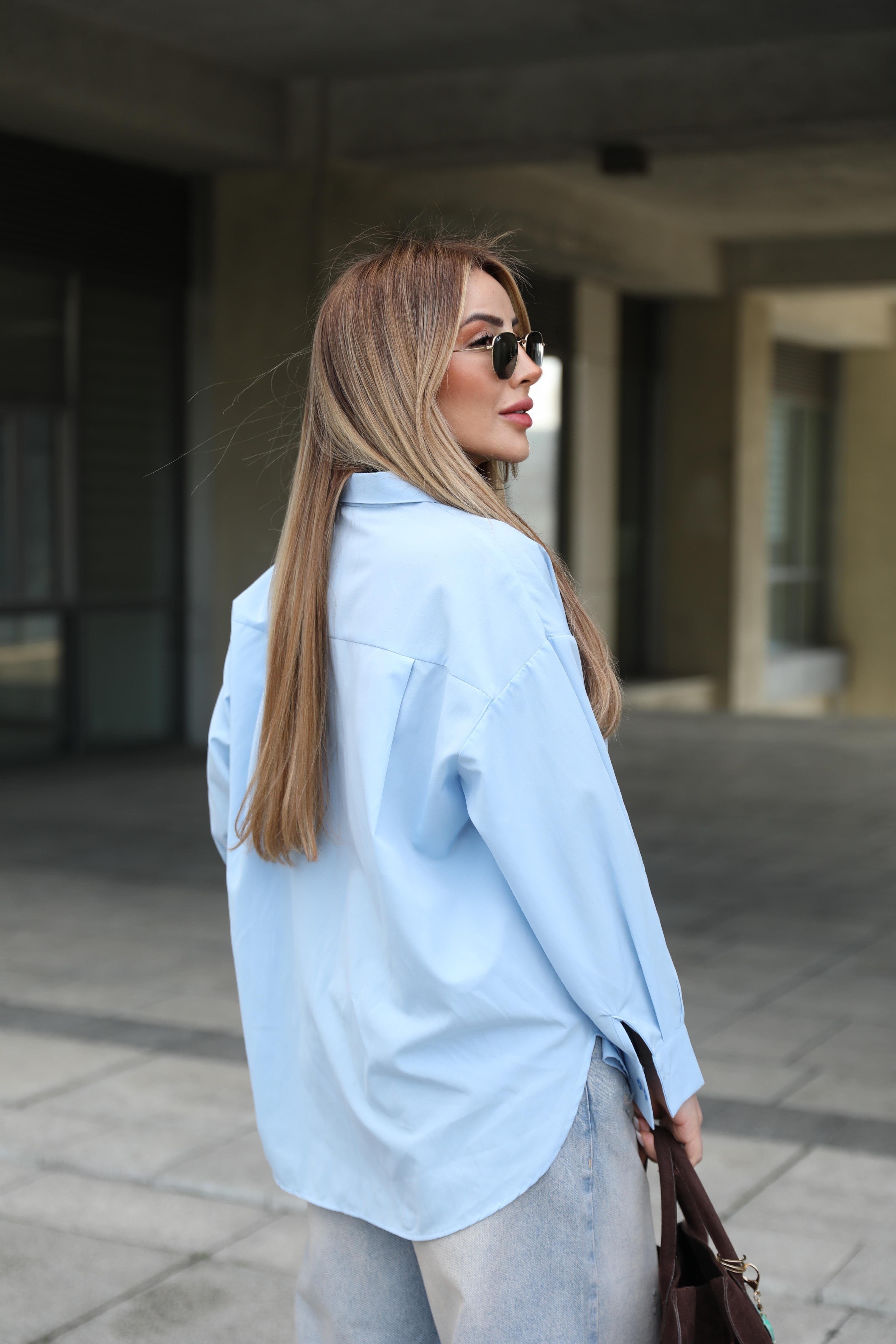 Mavi Oversize Poplin Gömlek