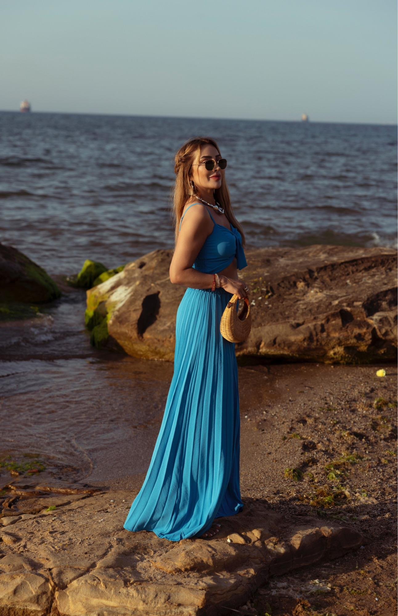 Mavi Pile Pantolon Crop Takım