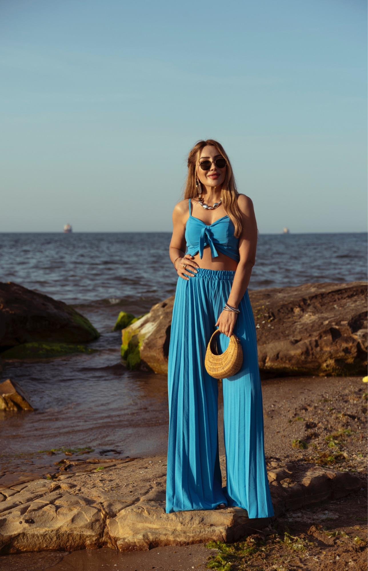 Mavi Pile Pantolon Crop Takım