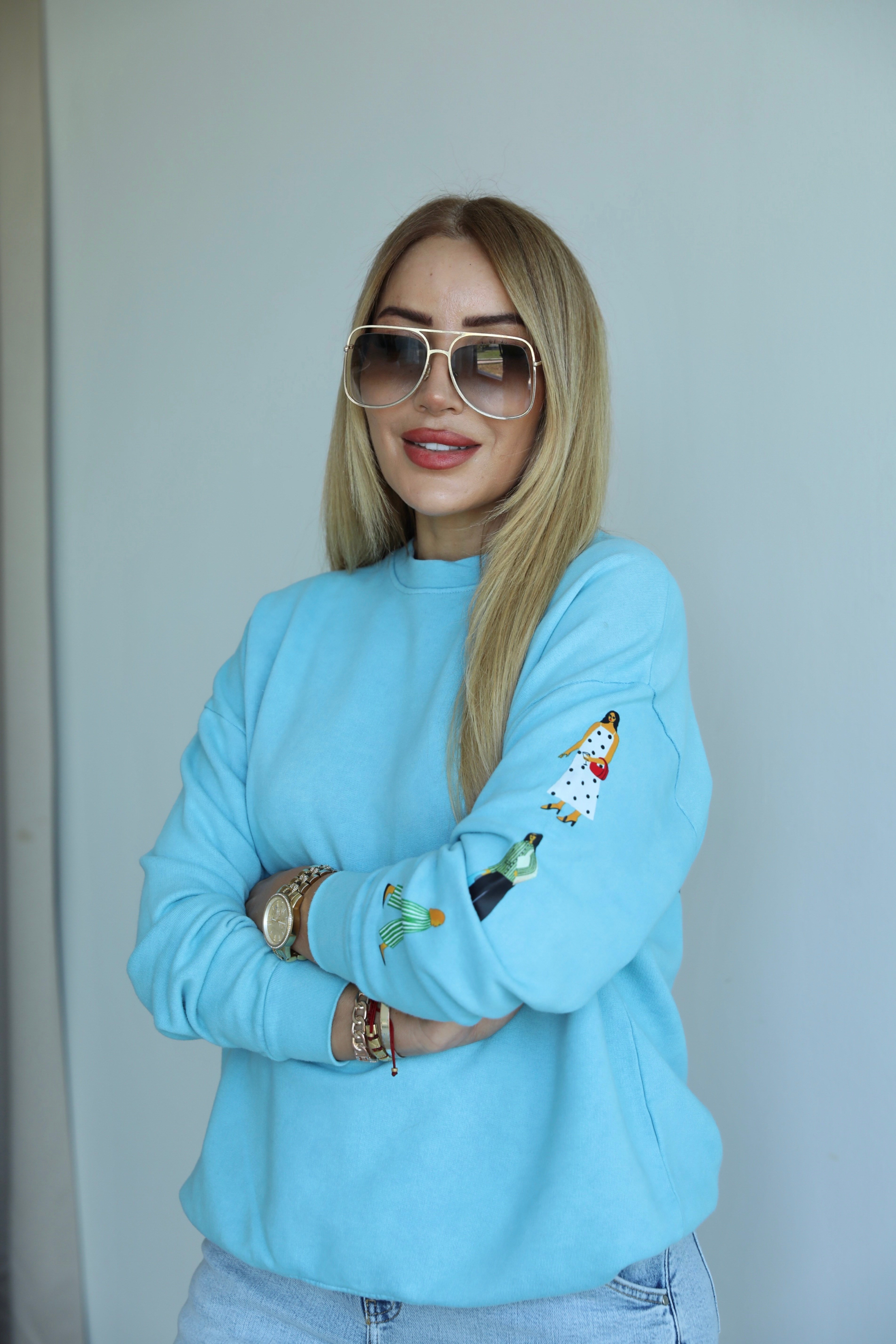 Mavi Sırt Baskılı Baskılı Sweat