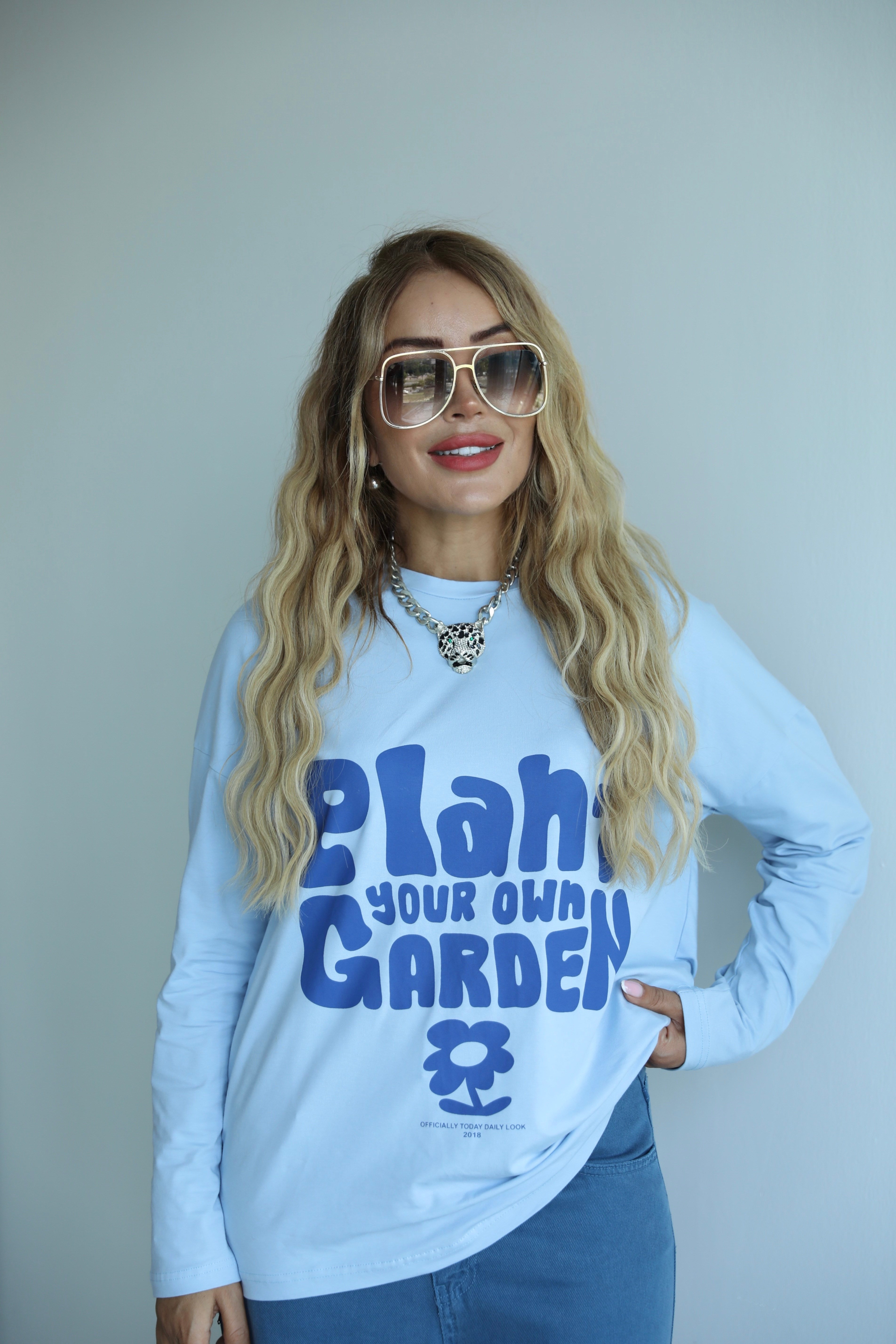Mavi Yazılı Uzun Kollu Basic T-shirt 