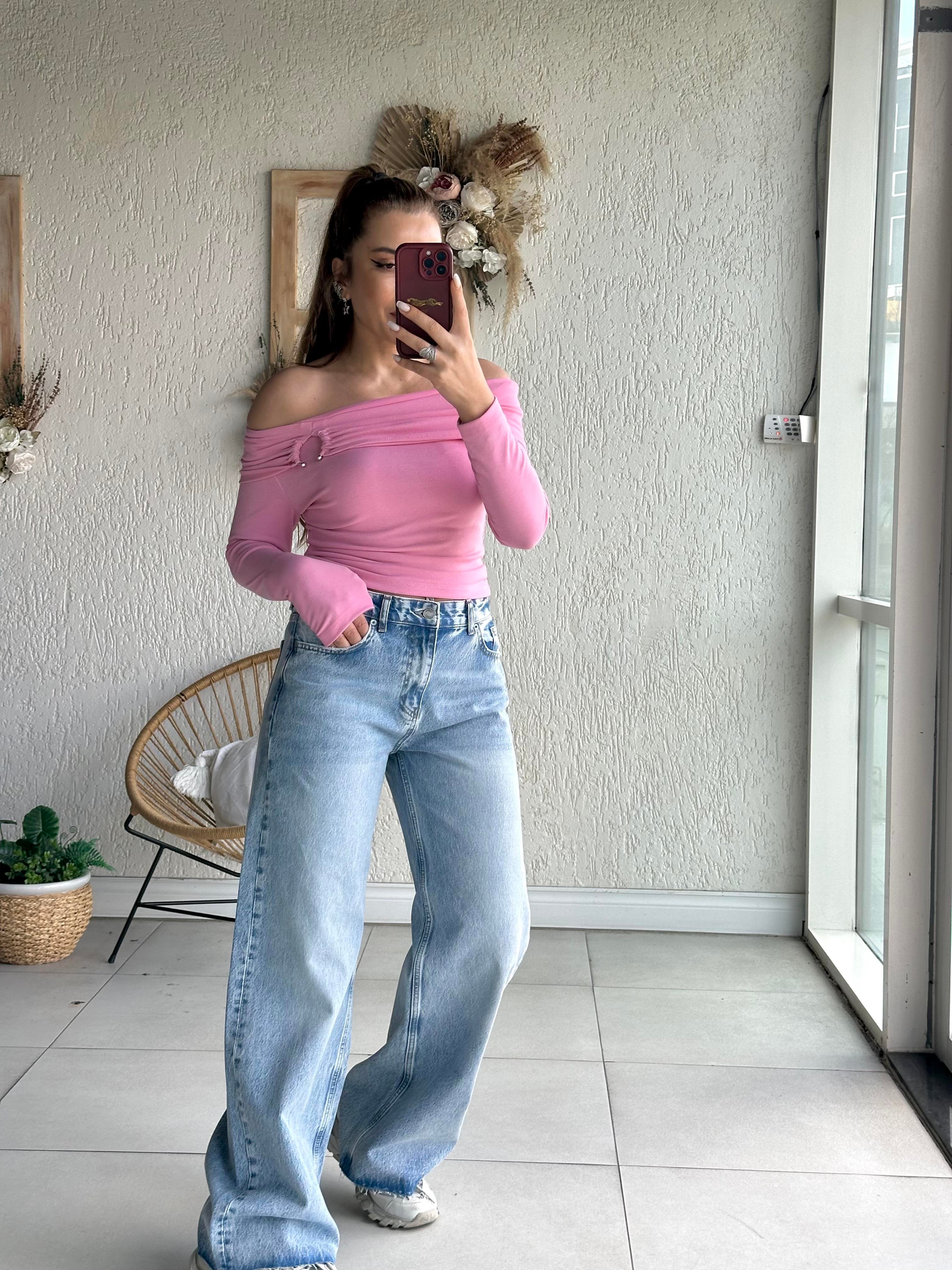 Mavi Yıkamalı Wide Leg Jean