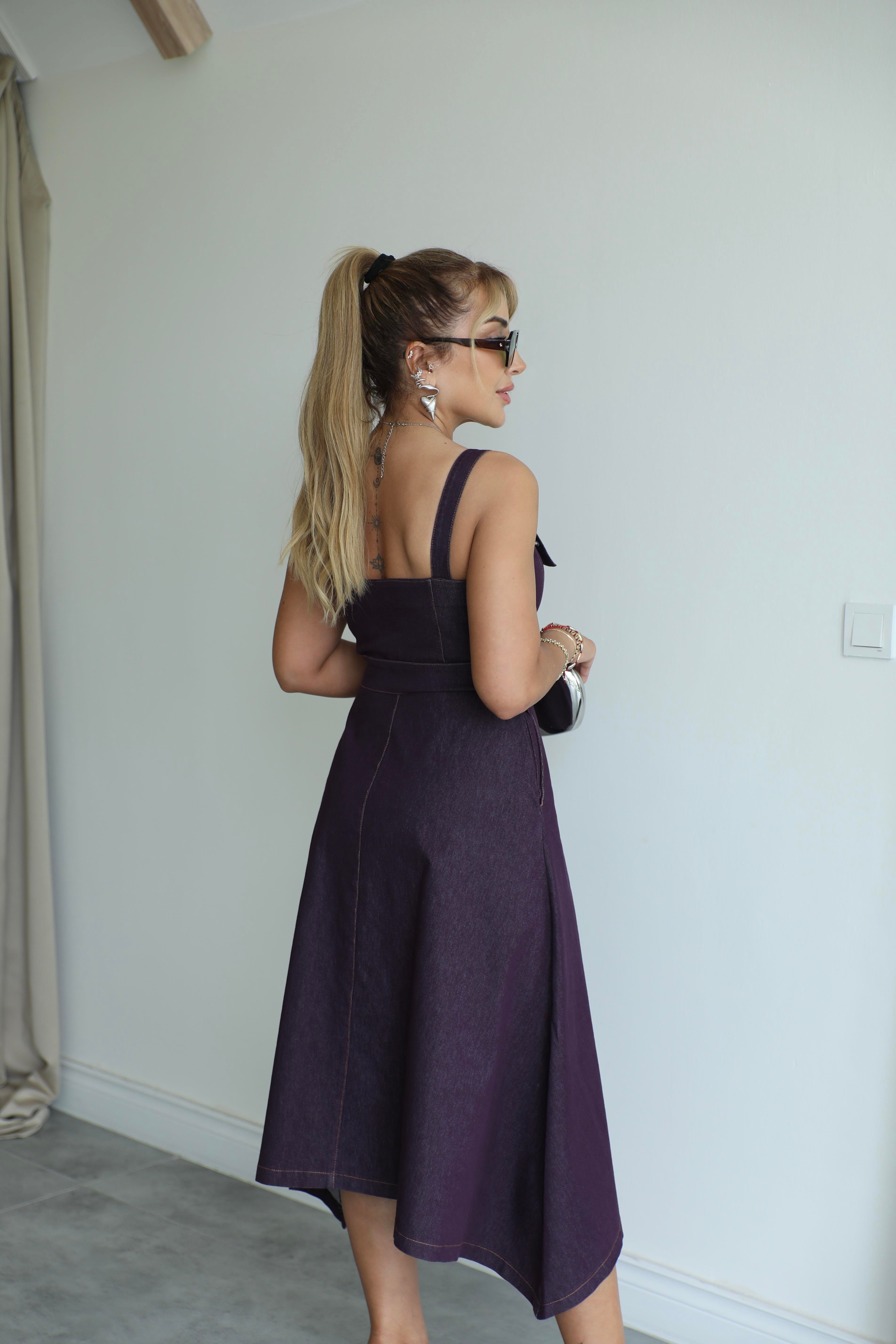 Mor Denim Asimetrik Elbise 
