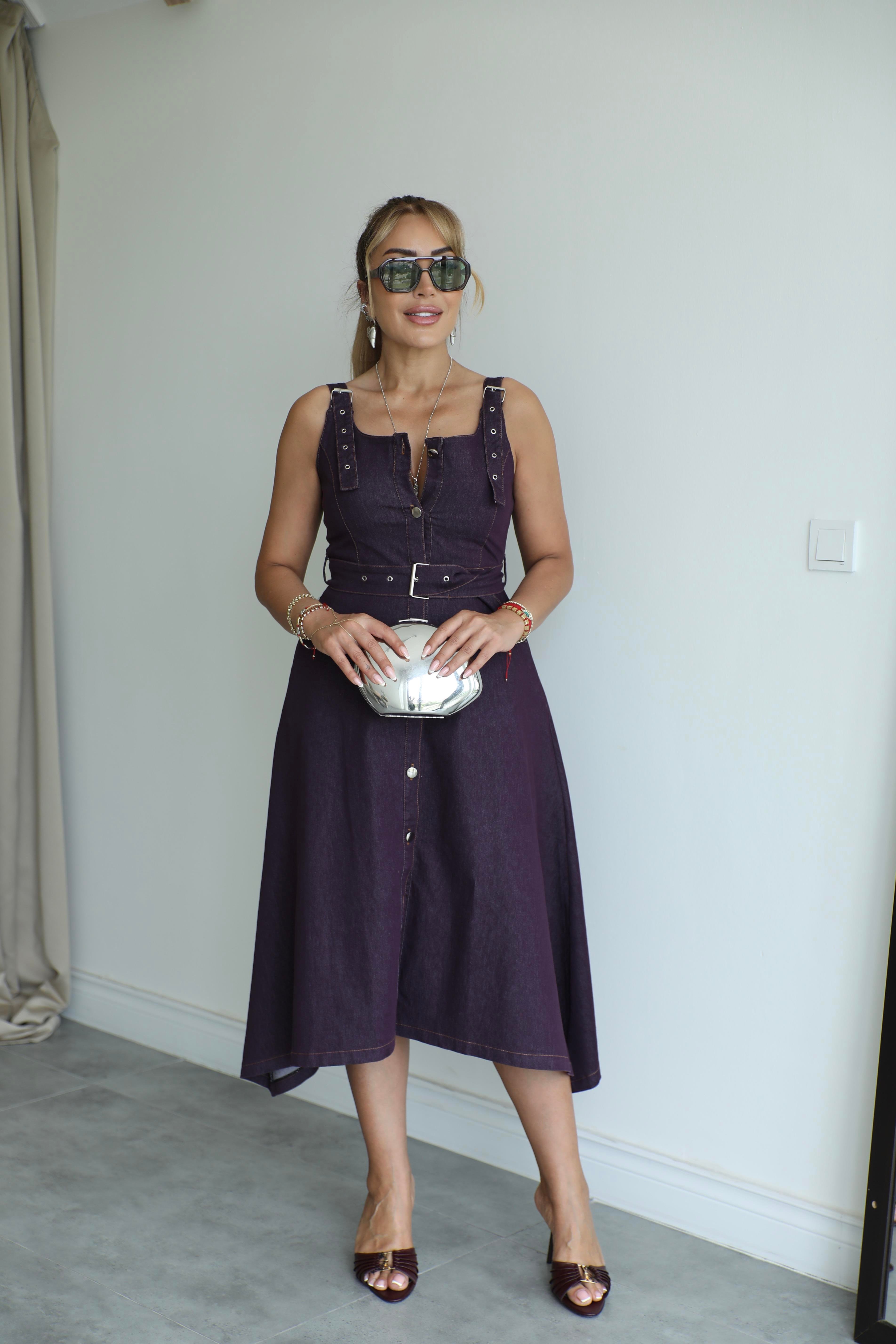 Mor Denim Asimetrik Elbise 